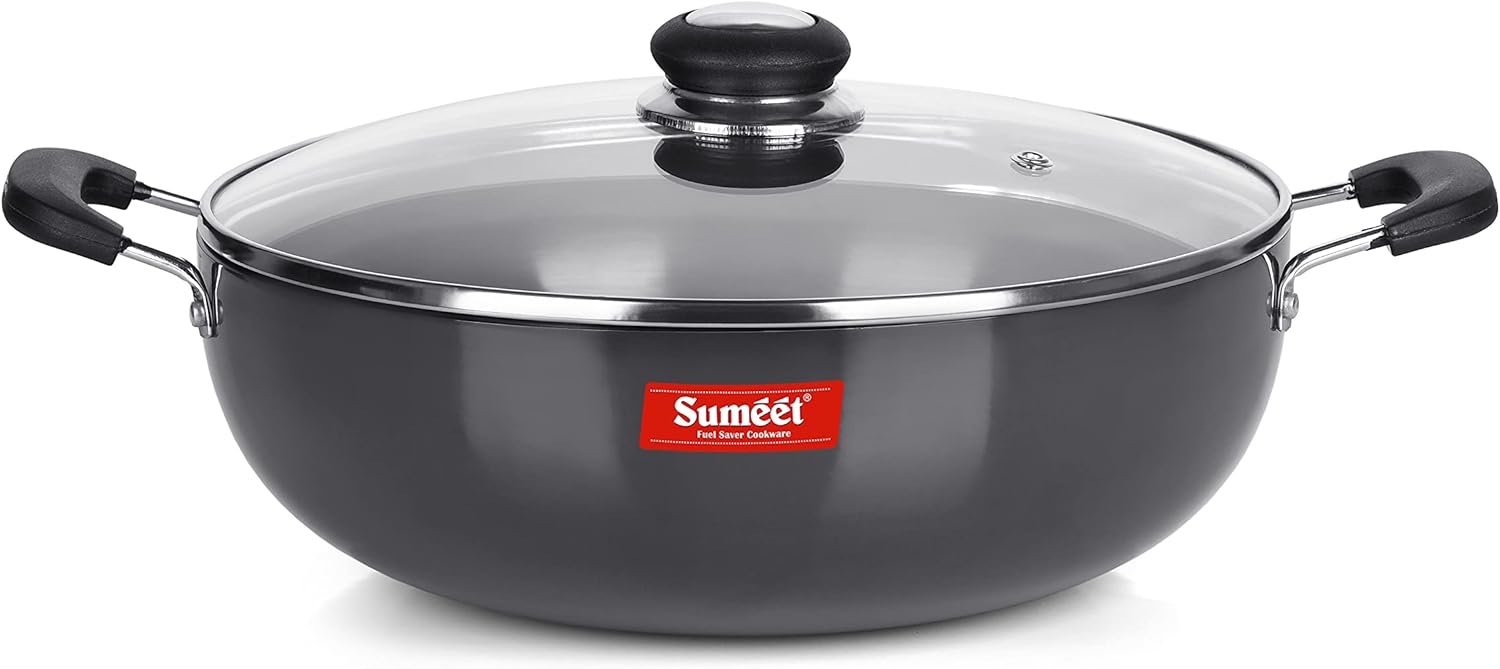 Sumeet 3mm Hard Anodised Deep kadhai with S.S. Lid. No. - 12 22.3cm Dia. 2 L Capacity, Black