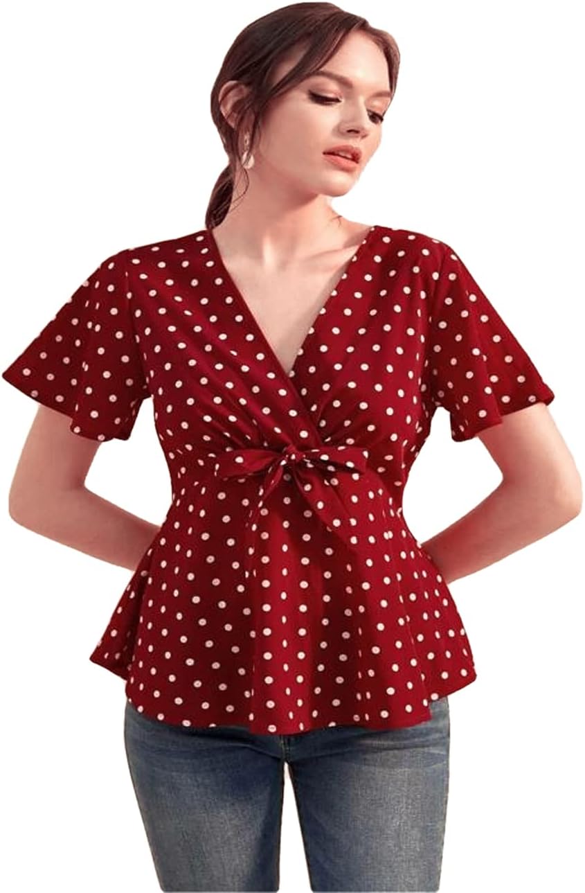 Istyle Can Polka Dot Front Tie Knot V Neck Short Sleeve Tops for Women