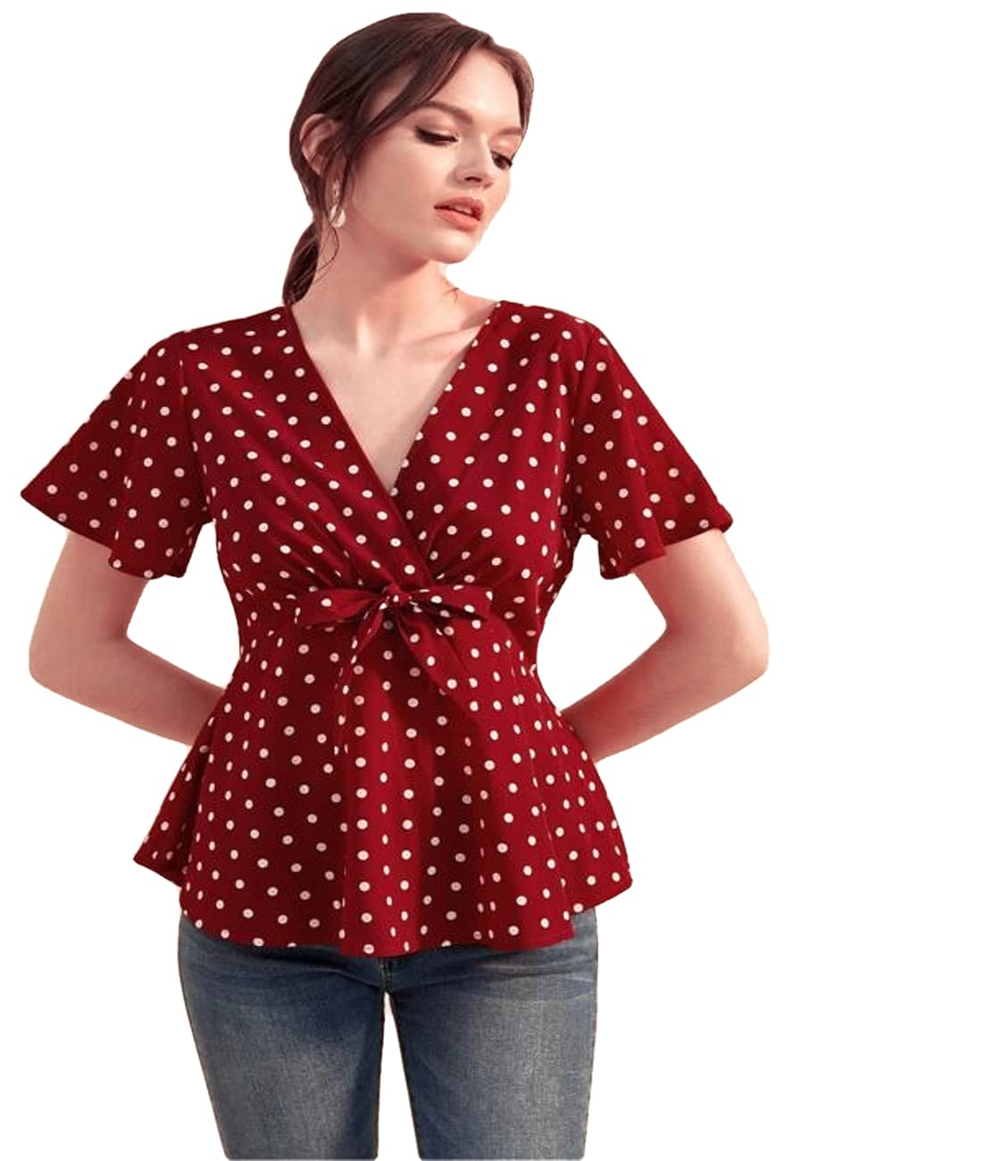 Istyle Can Tops for Women V Neck Polka Dot Peplum Front Tie Up Flared Short Sleeve Top | Tops for Women Tops | top for Women | Women Tops