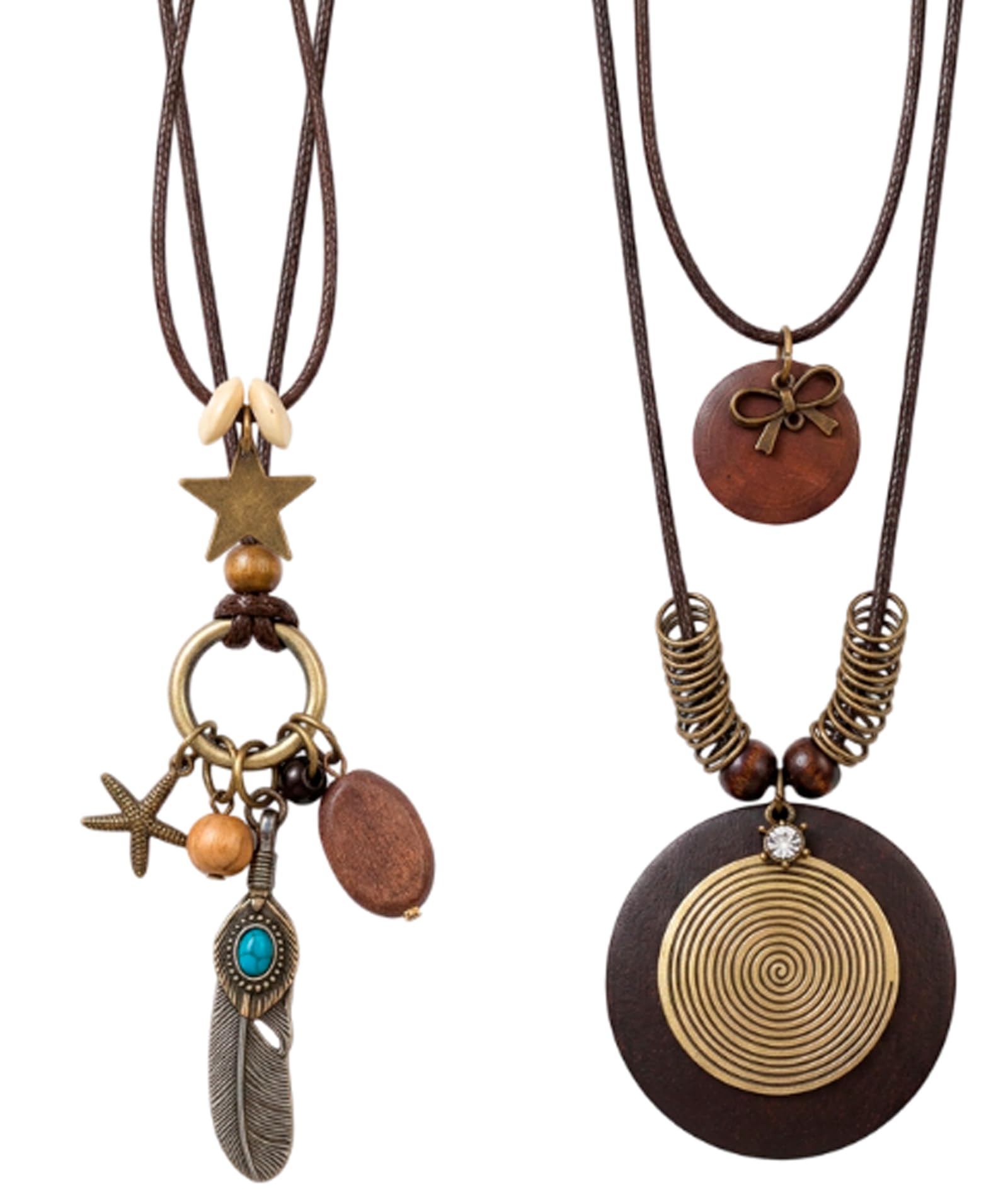 2Pcs Boho Jewellery for Women Layered Necklace Set, Vintage Pendant Necklaces with Bronze Feather and Matte Round Disc Pendants-image-4