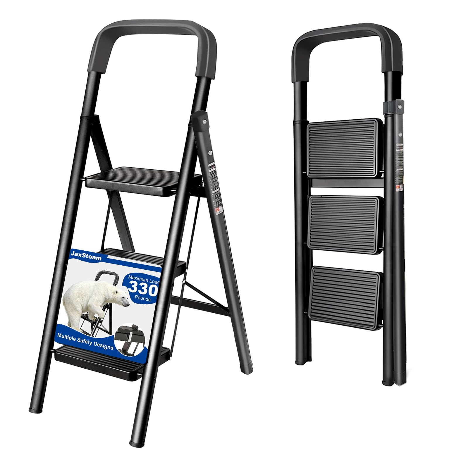 JaxSteam 3 Step Ladder with Handrails and Anti-Slip Wide Pedal 330lbs Capacity Lightweight Folding Step Stool for Home Kitchen Office(Black-F, 3-Step