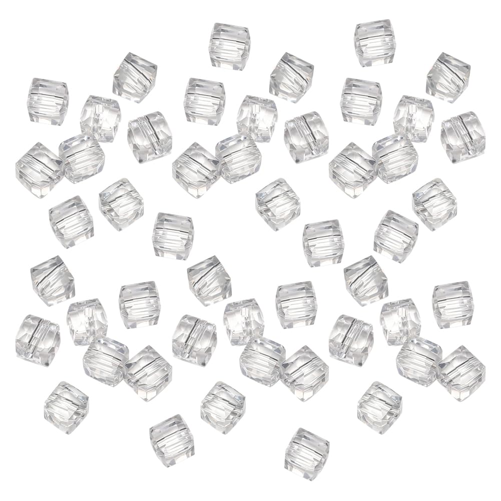 HugeDE 100 Pcs 8mm Small Cube Glass Beads Faceted Spacer Beads Crystal Loose Beads Craft Square Beads Mini Jewelry Beads Cute Bracelet Beads with Hole Clear