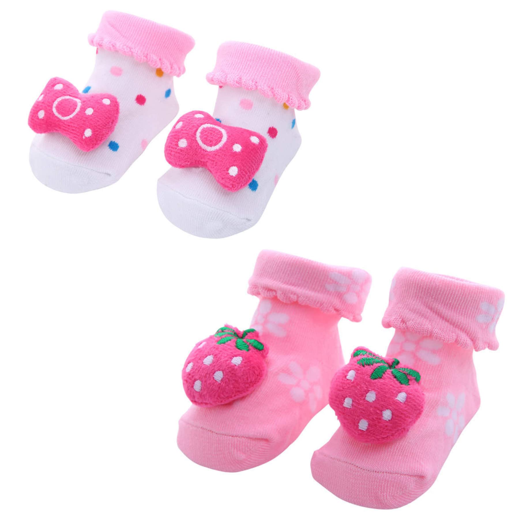 MumsLapMumsLap Baby Girls Anti Slip 0 to 12 Months Socks (Set of 2 pairs) | Non-Skid | White & Pink Booties for Infant (Bow & Strawberry)