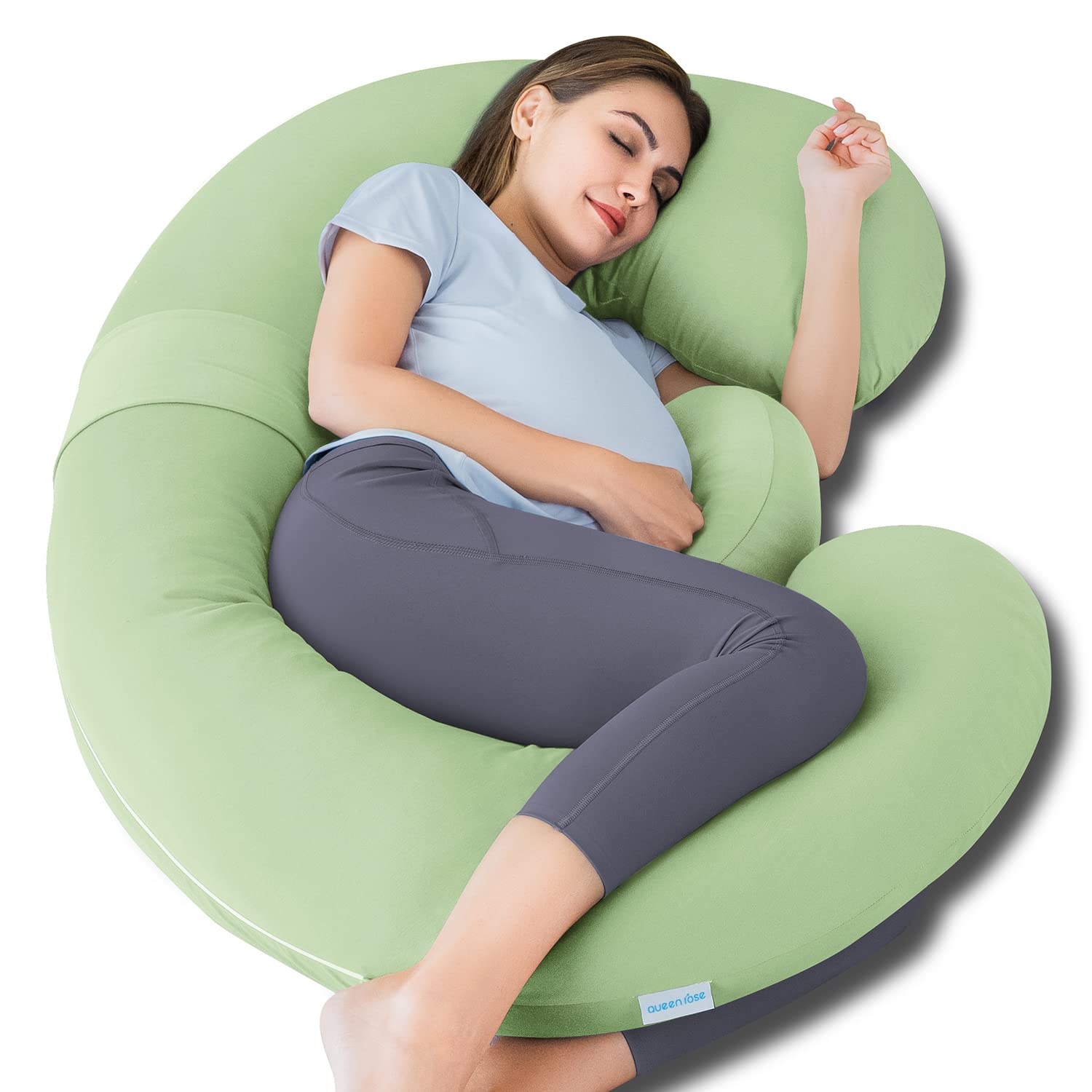 QUEEN ROSE Cooling Pregnancy Pillows - E Shaped Pregnancy Pillows for Sleeping, Detachable Body Pillow for Pregnant Side Sleeper, Cooling Silky Cotton Cover, Sage Green