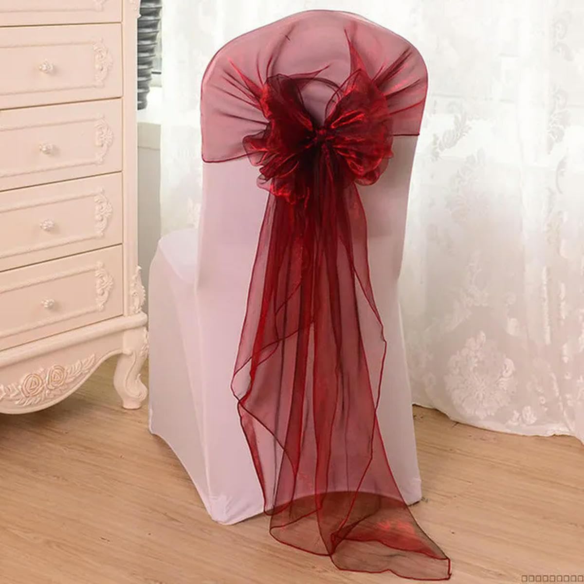 Organza-Stuhl-Schärpen, Schleifen, Tüll, Hochzeit, Stuhlkappe, Knoten, Hotelveranstaltungen, Party-Dekoration, Burgunderrot, 50 Stück, 65 x 275 cm, 50 Stück