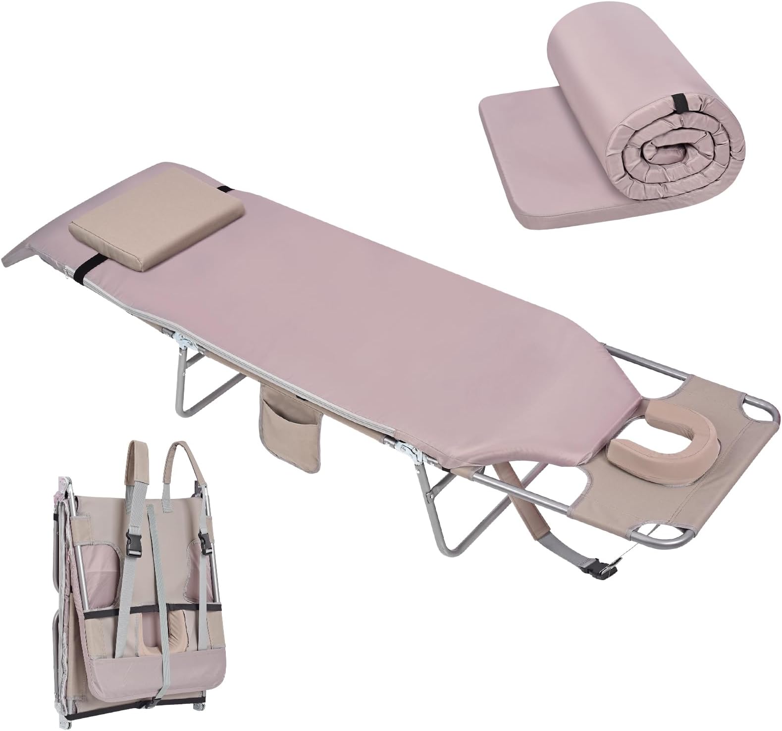 Women Comfort Padded Backpack Tanning Beach Lounge Chair with Face Hole Cushion Mattress, Folding 6 Position Reclining Face Down Tanning Chair for Adults Reading Sunbathing Poolside, Beige