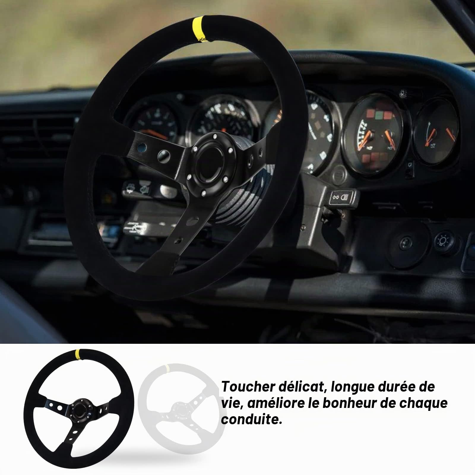 Volant de course, universel, volant de jeu, 13,6", 6 vis, poignée en daim Deep Dish avec bouton corne pour course/rallye/moteur/voiture sim guidage (noir)