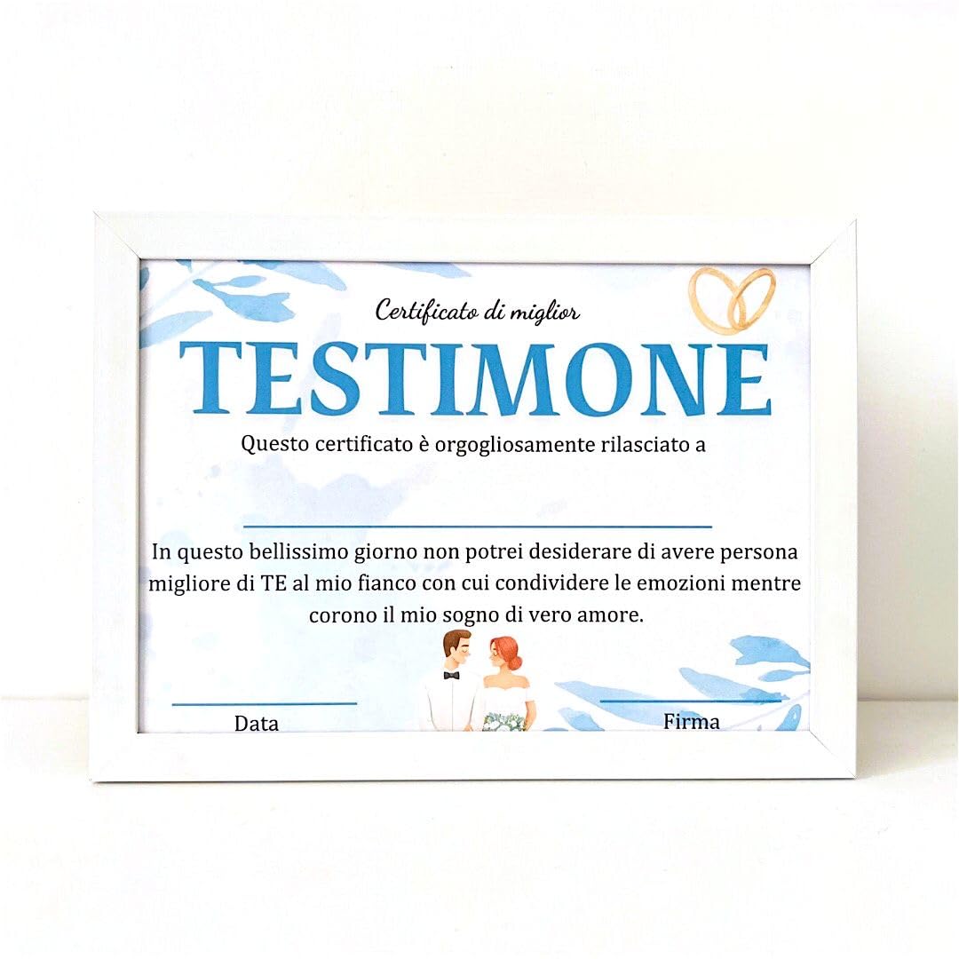 Diploma Miglior Testimone del Mondo con Cornice, Regalo Testimone di Nozze, Certificato di Miglior Testimone Personalizzato (TESTIMONE M)