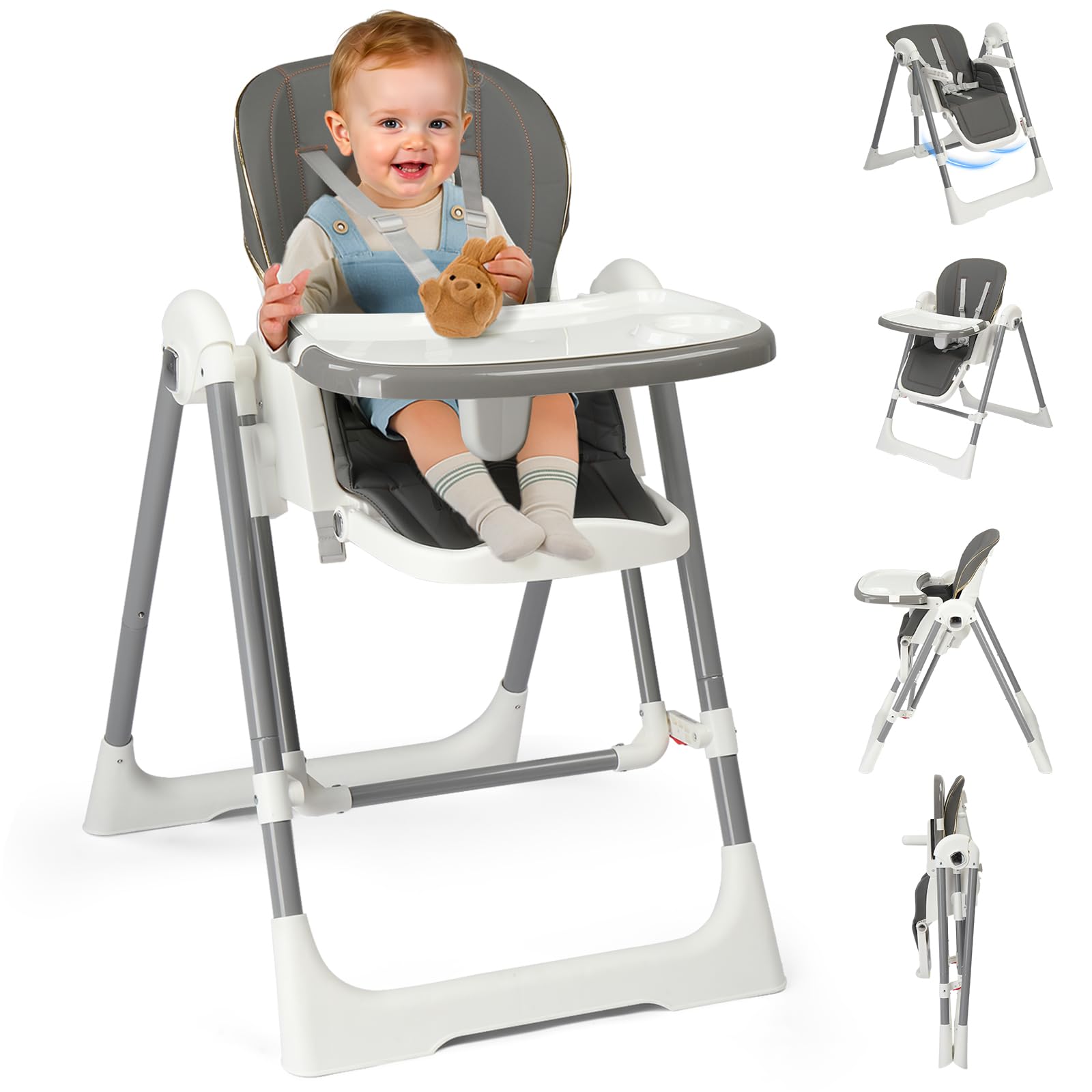 LEADZM Babyhochstuhl, Umbaubar in eine Wiege, 6-Fach Höhenverstellbar, Abnehmbares Doppeltablett, Faltbarer Hochstuhl Baby Mit Lenkrollen, Geeignet für Babys von 6 bis 36 Monaten (Grau)