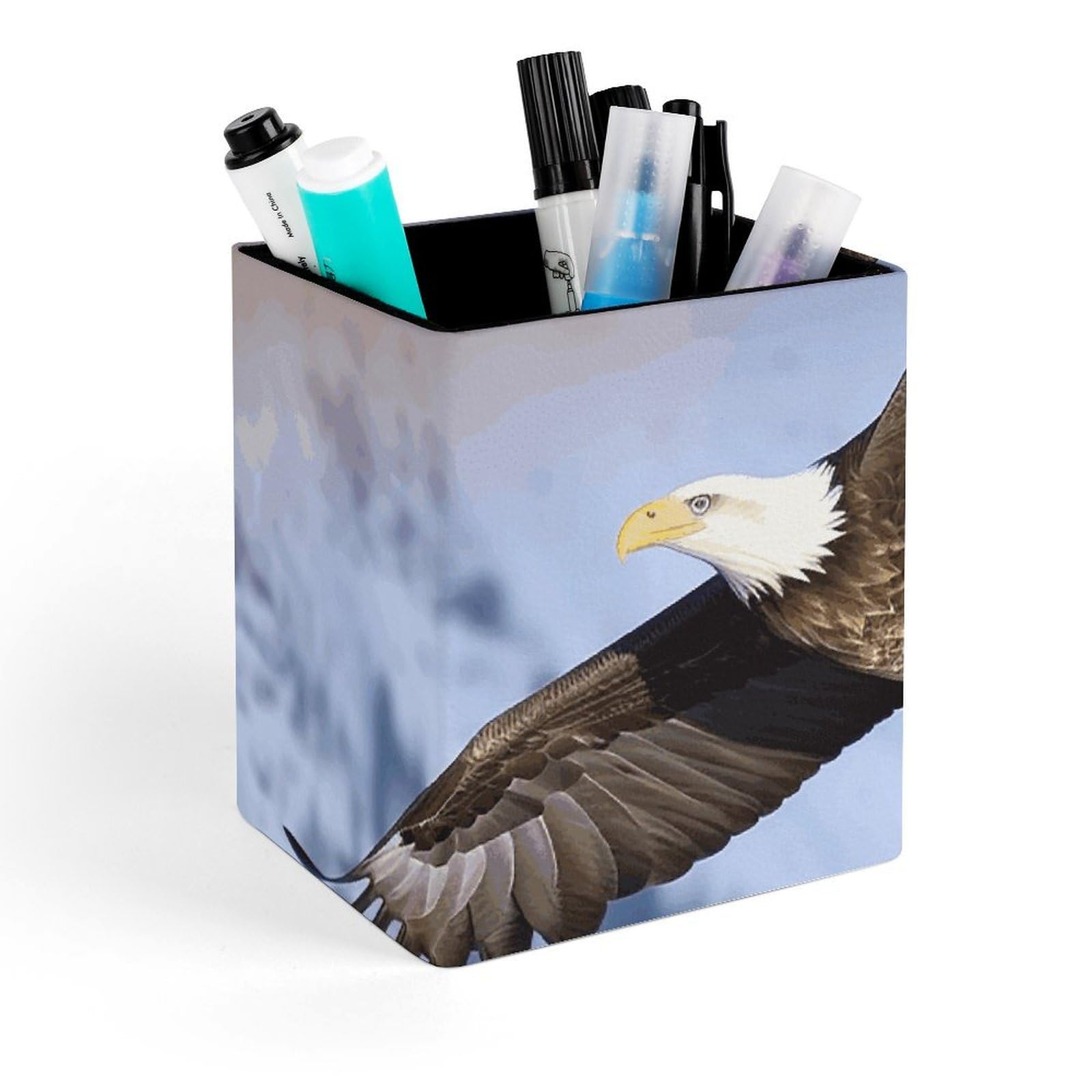 FekiLoot Bald Eagle Flying Pencil Holder Square Leather Pen Holder Cup Modern Multi-Functional Pencil Cup Holder Decorative Desk Organizer Caddy Makeup Brush Holders for Desk Office