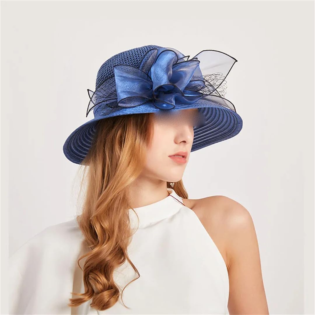 Yeuyyben Cappello estivo da donna in organza con fiore in rete, cappello estivo per vacanze e spiaggia, cappello da sole a tesa larga, cappello da sole Sombreros