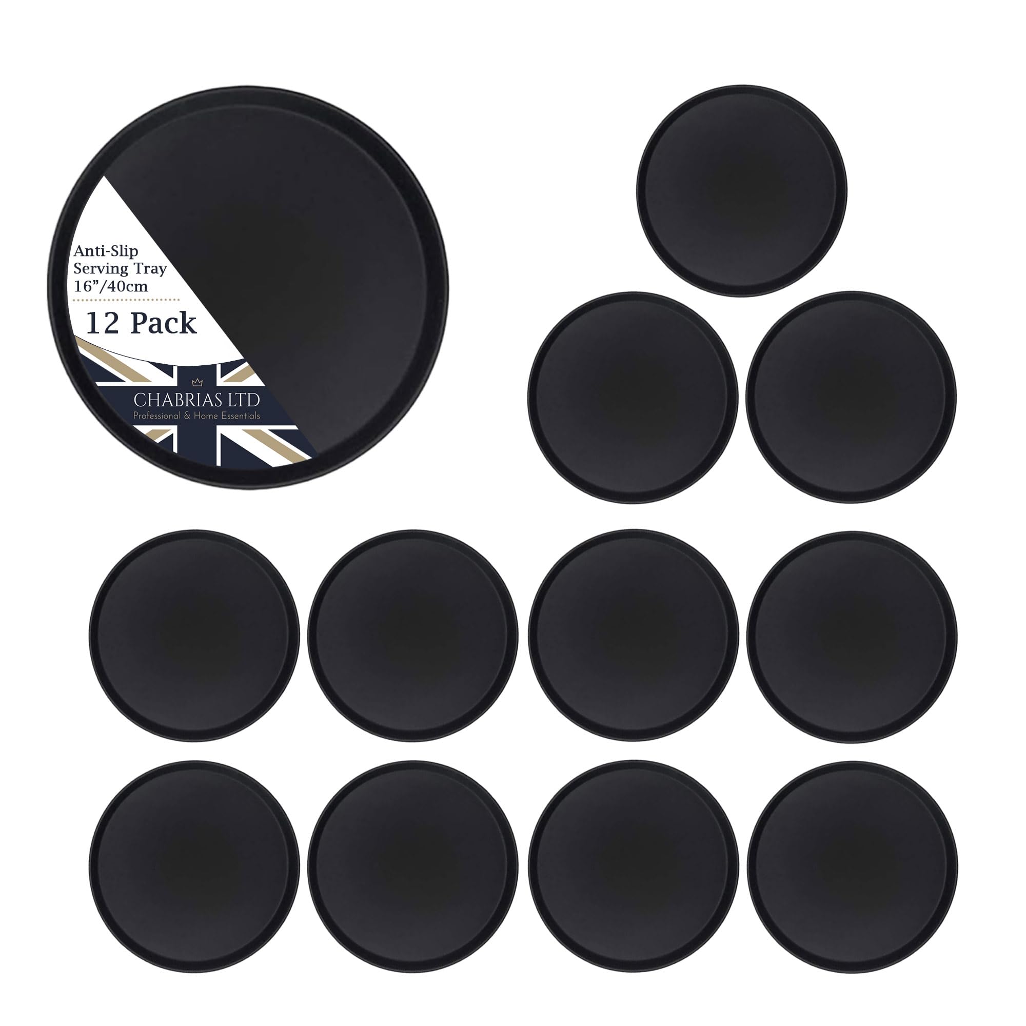 Chabrias Ltd 12 Pack 16"/ 40cm Bar Tray U-Grip Black Anti Slip Non Slip Bar Drinks Food Serving Tray for Parties, Gatherings, Bars, Restaurants, and Home