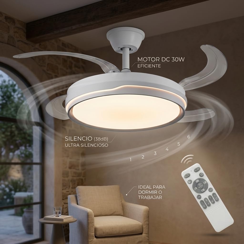 Ventilador de Techo Retráctil con Luz LED 70W, Motor DC 30W Silencioso, 107cm, 6 Velocidades, Luz Regulable con Memoria, Modo Noche, Temporizador 2H/4H, Reversible, con Mando (Raya Clásica)