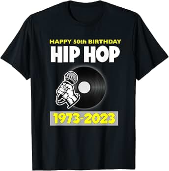 Amazon | ヒップホップ50周年 | レトロビニールマイク Tシャツ