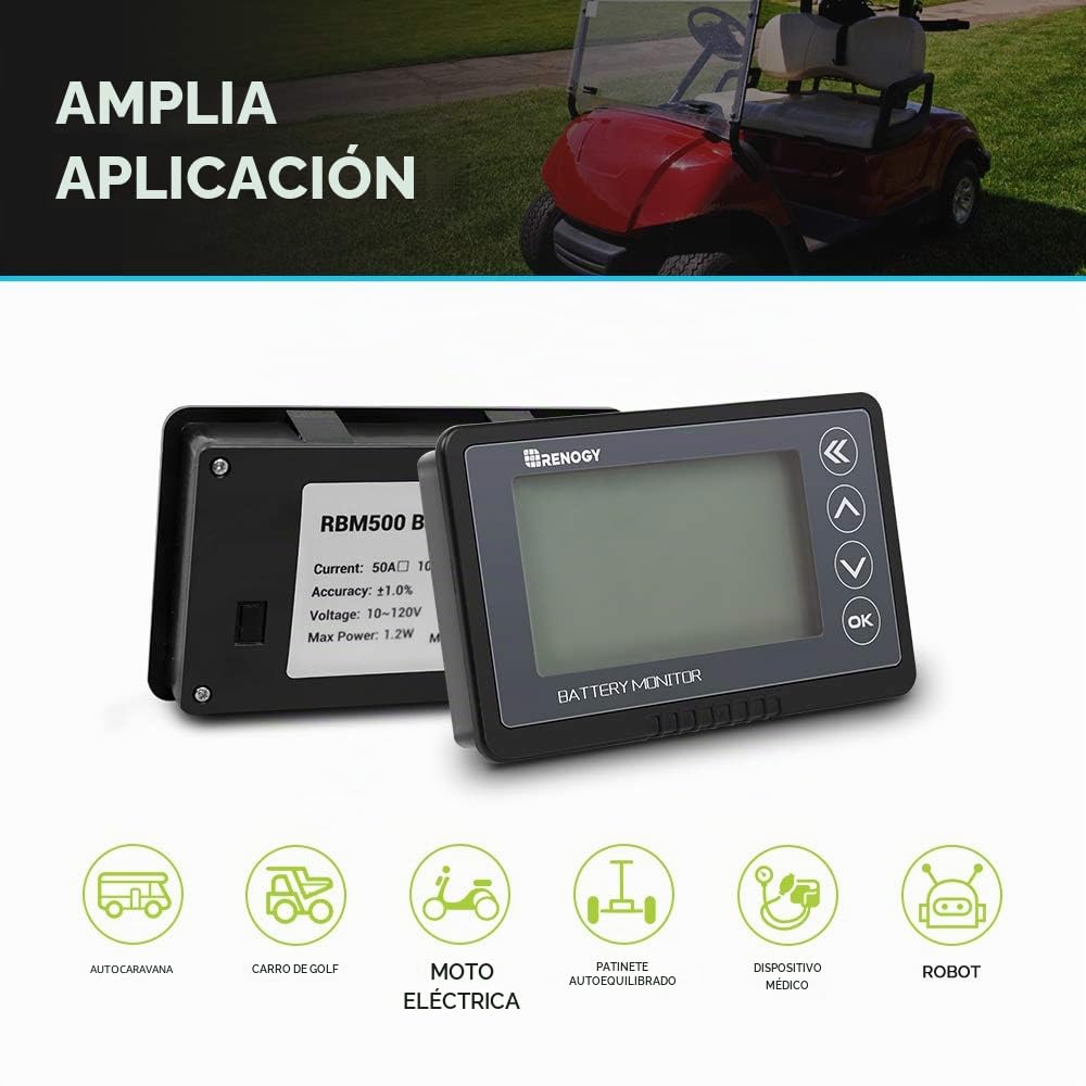 Renogy Monitor de batería 500A con Alarma, indicador de Capacidad y Voltaje, Compatible con baterías LiFePO4, de Iones de Litio y de Plomo-ácido en vehículos recreativos y Sistemas solares.