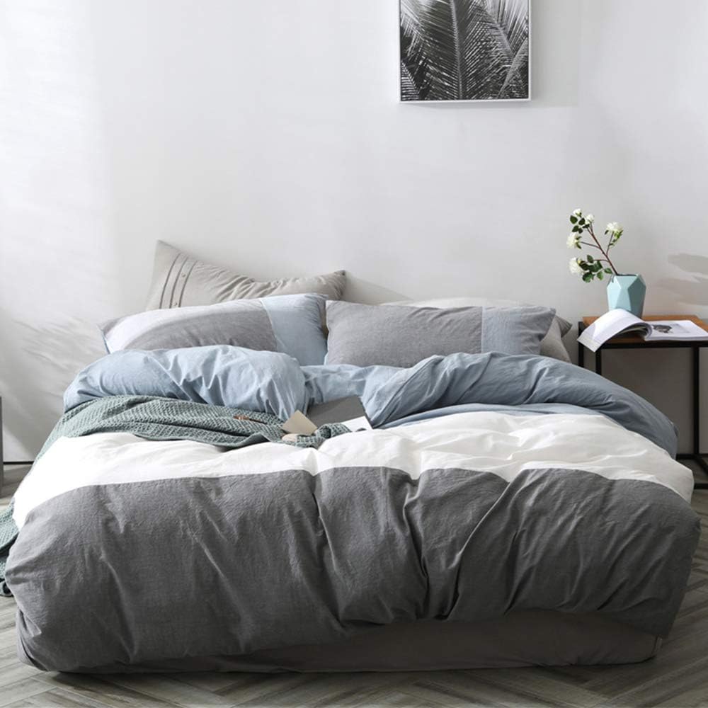 mixinni Geometric Blue Grey White Duvet Cover Queen Simple Style Patchwork Pattern Full Size Cotton Duvet Cover Set 1 Duvet Cover with 2 Pillowcases-Easy Care, Soft and Durable