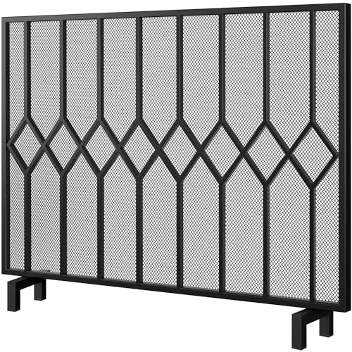 Amagabeli Garden Home Black Fireplace Screen 38x31in for Wood Burning Fireplace Single Panel Wrought Iron Fireplace Cover with Fire Spark Guard for Indoor Outdoor Fire Screens