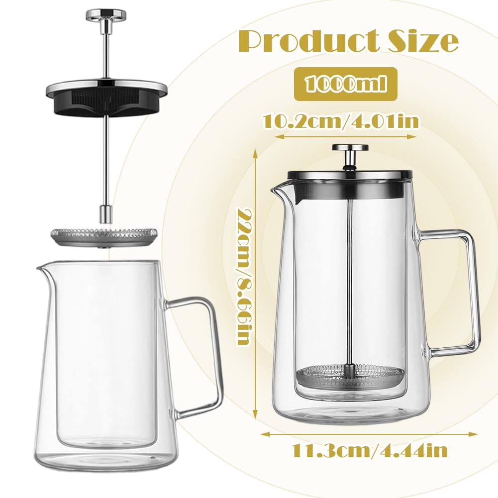 FARYODI Pressa da caffè French Press 1 litro, in vetro con filtro permanente in acciaio inox, design a doppia parete, lavabile in lavastoviglie, resistente al calore per caffè e tè