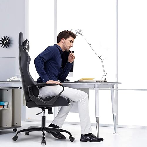 Miniatura 42 de Silla ergonómica para videojuegos, silla de juegos de piel sintética con reposacabezas, silla de carreras para computadora con soporte lumbar, silla