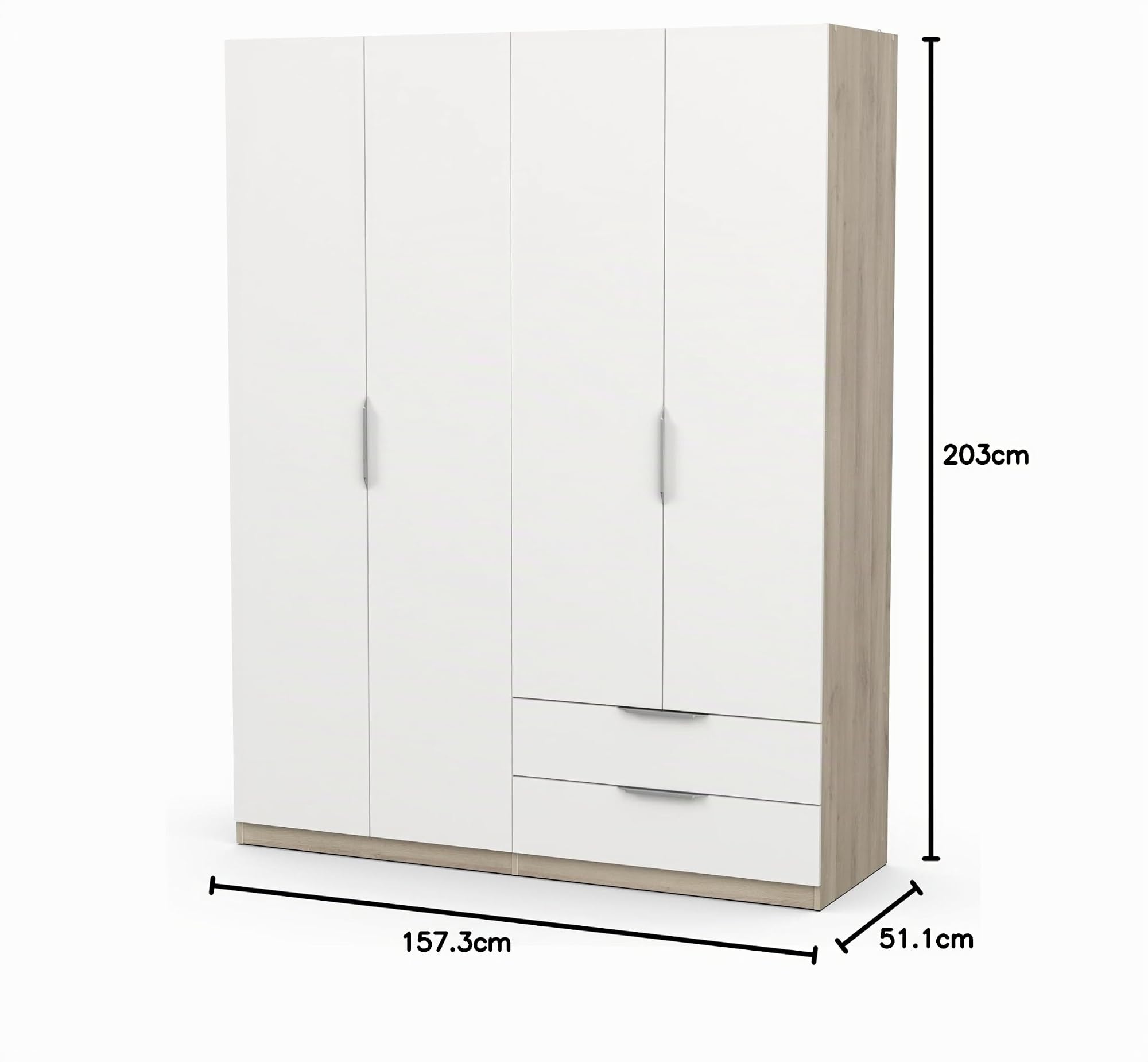Demeyere 391384 Vestidor con Armario Moderno 4 Puertas 5 estantes 2 cajones, Color Roble Kronberg y Blanco Mate, 157,3 x 51,1 x 203 cm, Madera de ingeniería, Gris