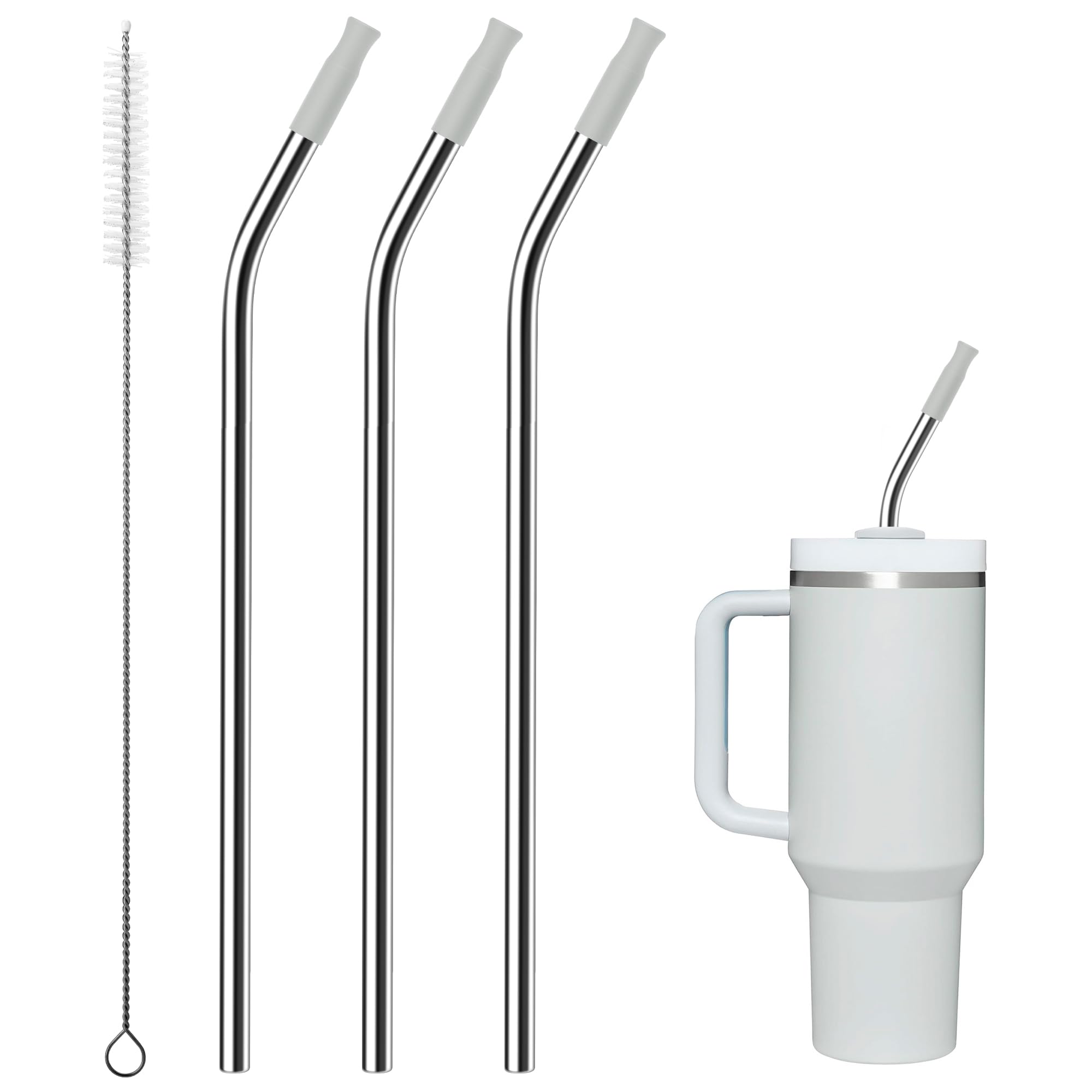 Prurex Bent Metal Straws for 40 Oz Stanley Tumbler, 3 Pack Reusable Stainless Steel Drinking Straw with Silicone Tips and Straw Cleaner Brush, Fit for