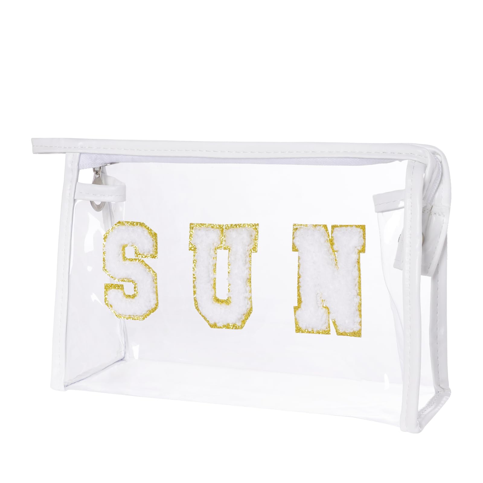 Hmxpls Clear Preppy Patch Makeup Bag, Sun Chenille Letter Bag for Beach, Pouch With Zipper, Travel Cosmetic Toiletry Bag for Women Girls Teens (White)