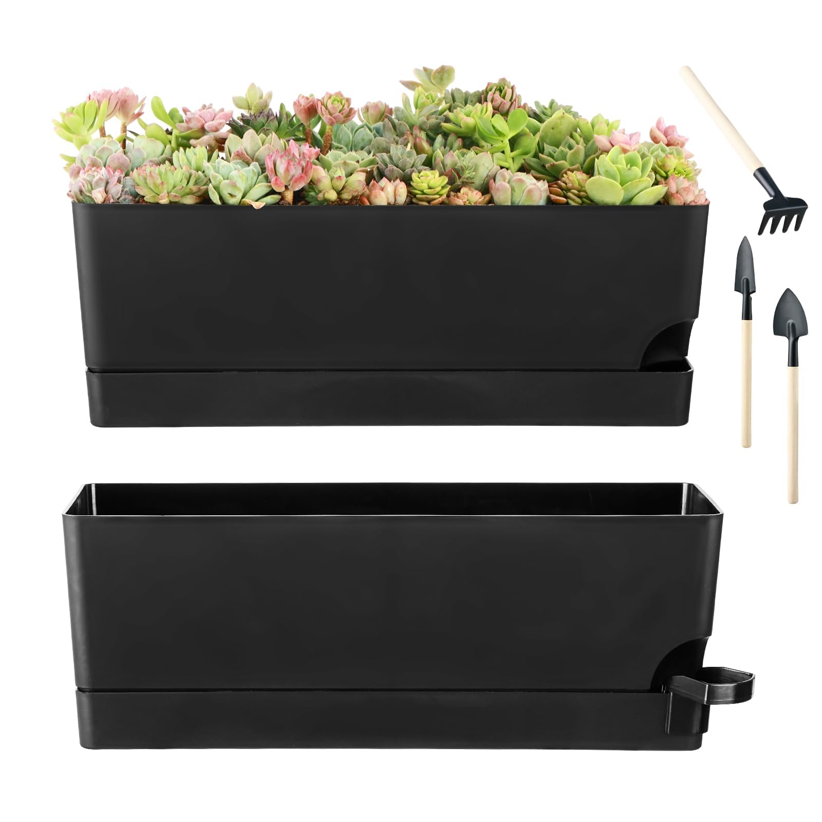 Self Watering Pots for Indoor Plants 17 Inches Window Boxes Planters (2-Pack, Black)