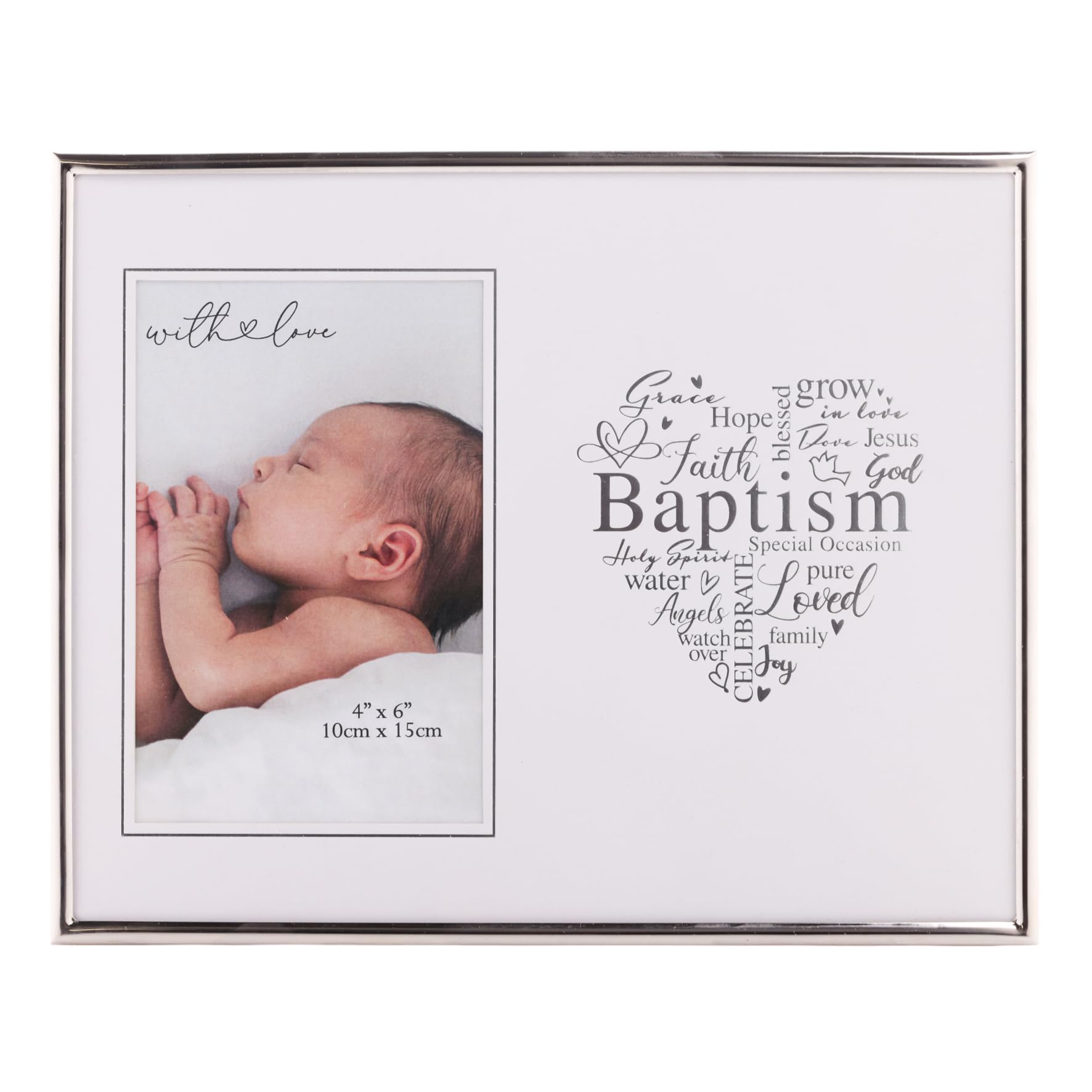 With Love - Silver Heart Frame 4" x 6" - Baptism - Horizontal Single Aperture Free-Standing Easel Back Frame - Birth, New Child, Mothers & Pregnancy Gifting & Homeware - H: 25 x W: 21cm.
