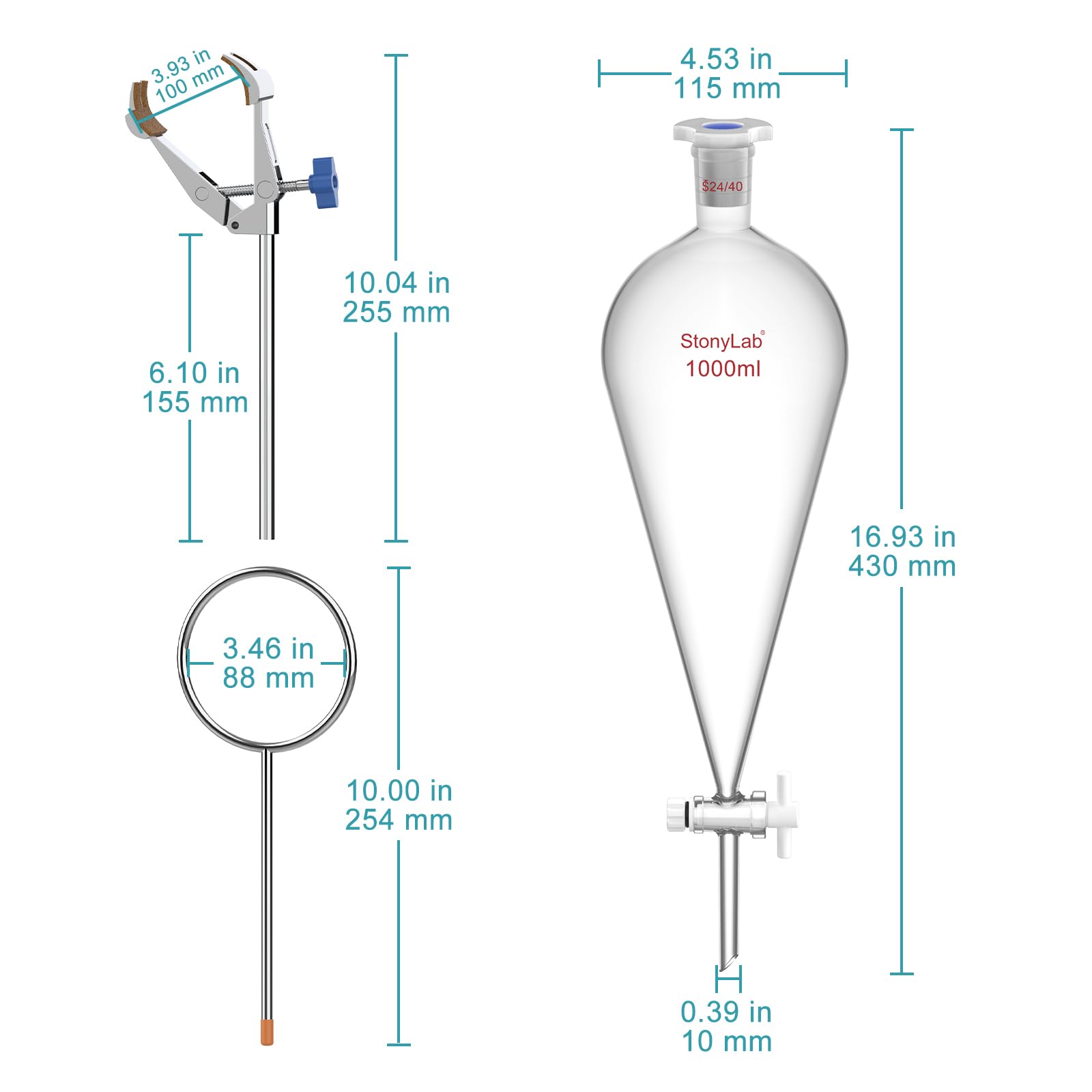 stonylab Borosilikatglas Scheidetrichter mit Laborständer Set, 1000 ml Kapazität, 24/40 Schliff und PTFE-Hahn für Titration Extraktion
