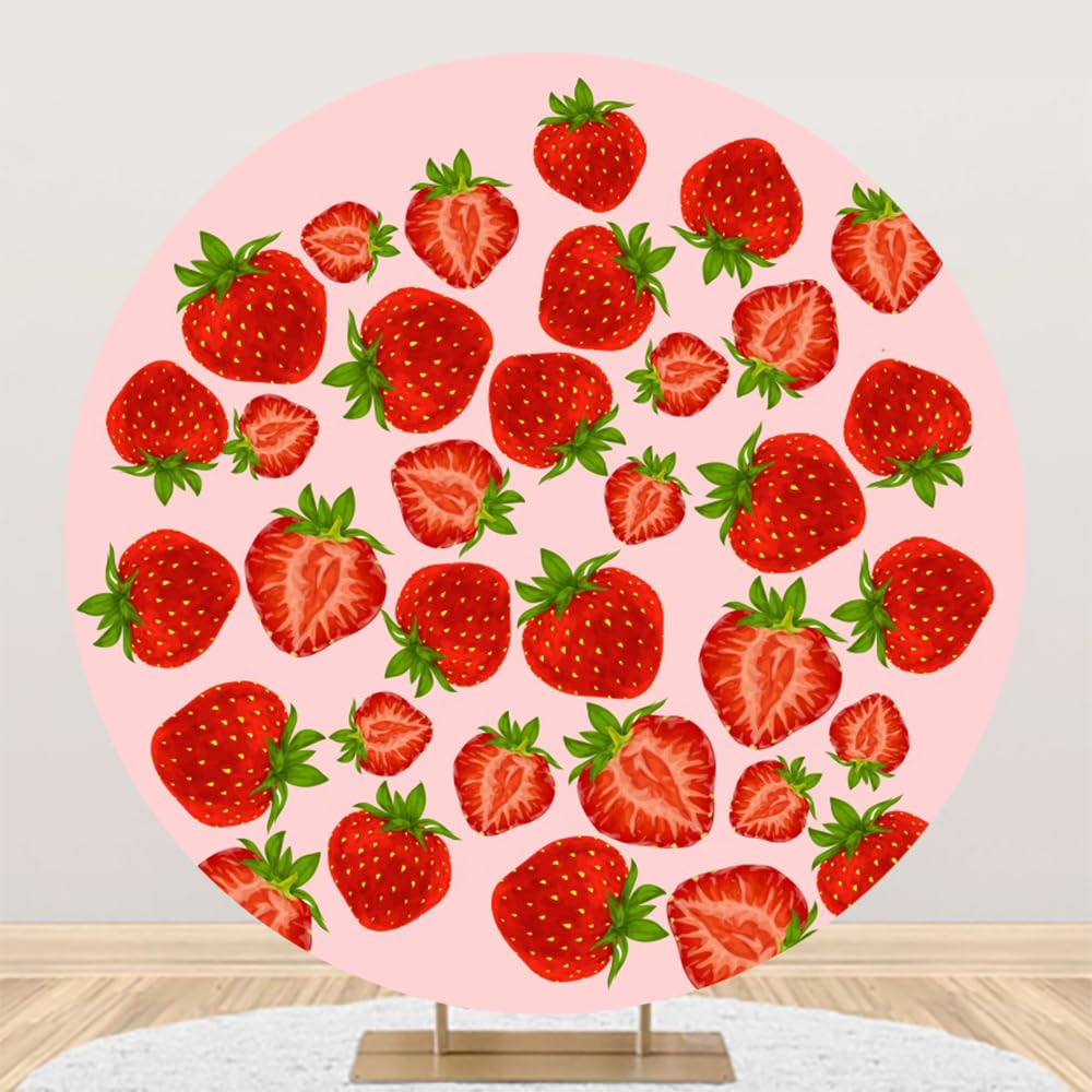 DORCEV 7.2x7.2ft Strawberry Round Backdrop Cover Kids Girls Birthday Portrait Circle Photography Background Red Sweet Berries Pink Newborn Baby Shower