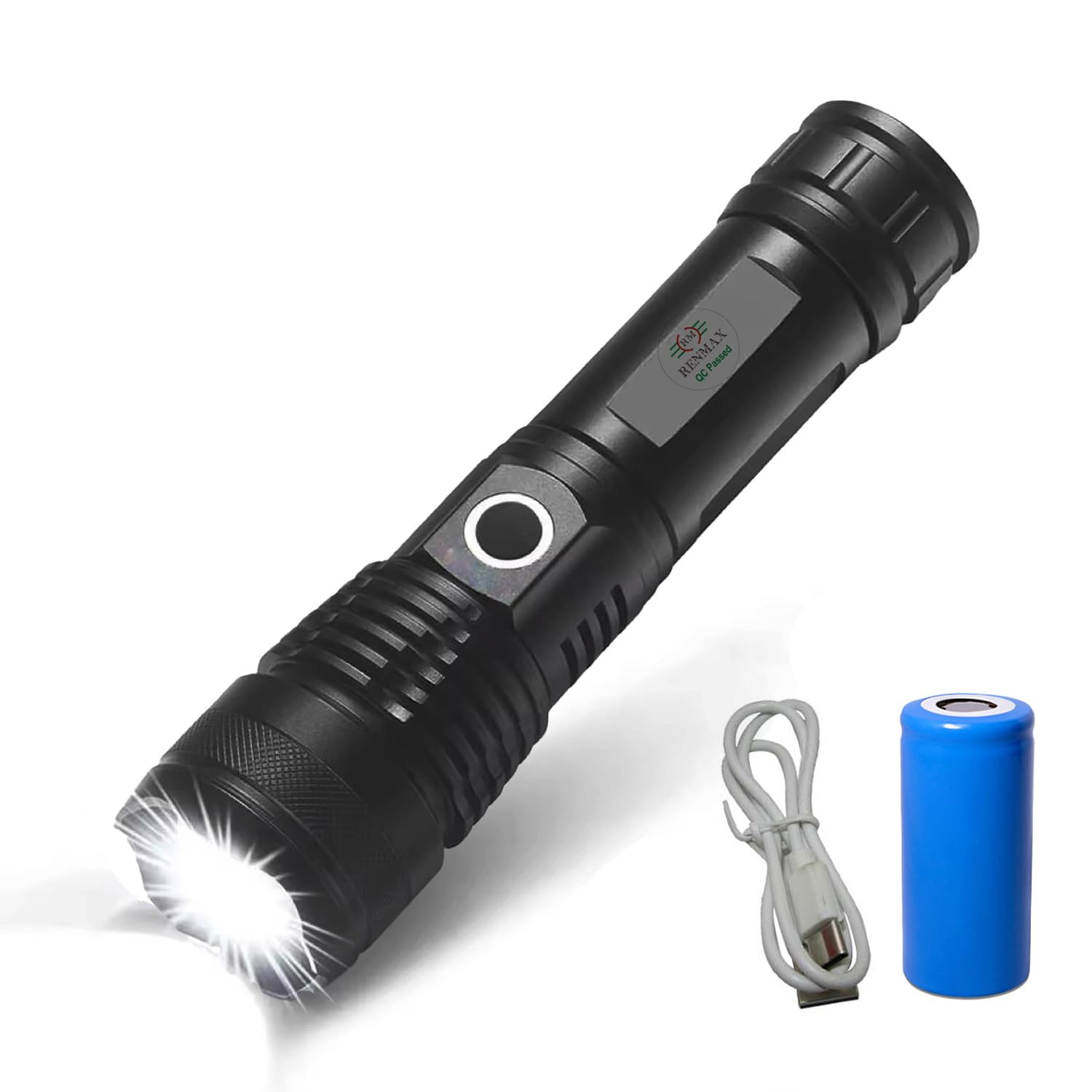 LED Laser Hand Torch Bright Beam Adjustable Focus Zoom | 3-Light Modes | 2000mAh Rechargeable Battery with C-Type Fast Charging | Rainproof Metal Body -1 Pc (14 Cm Black)