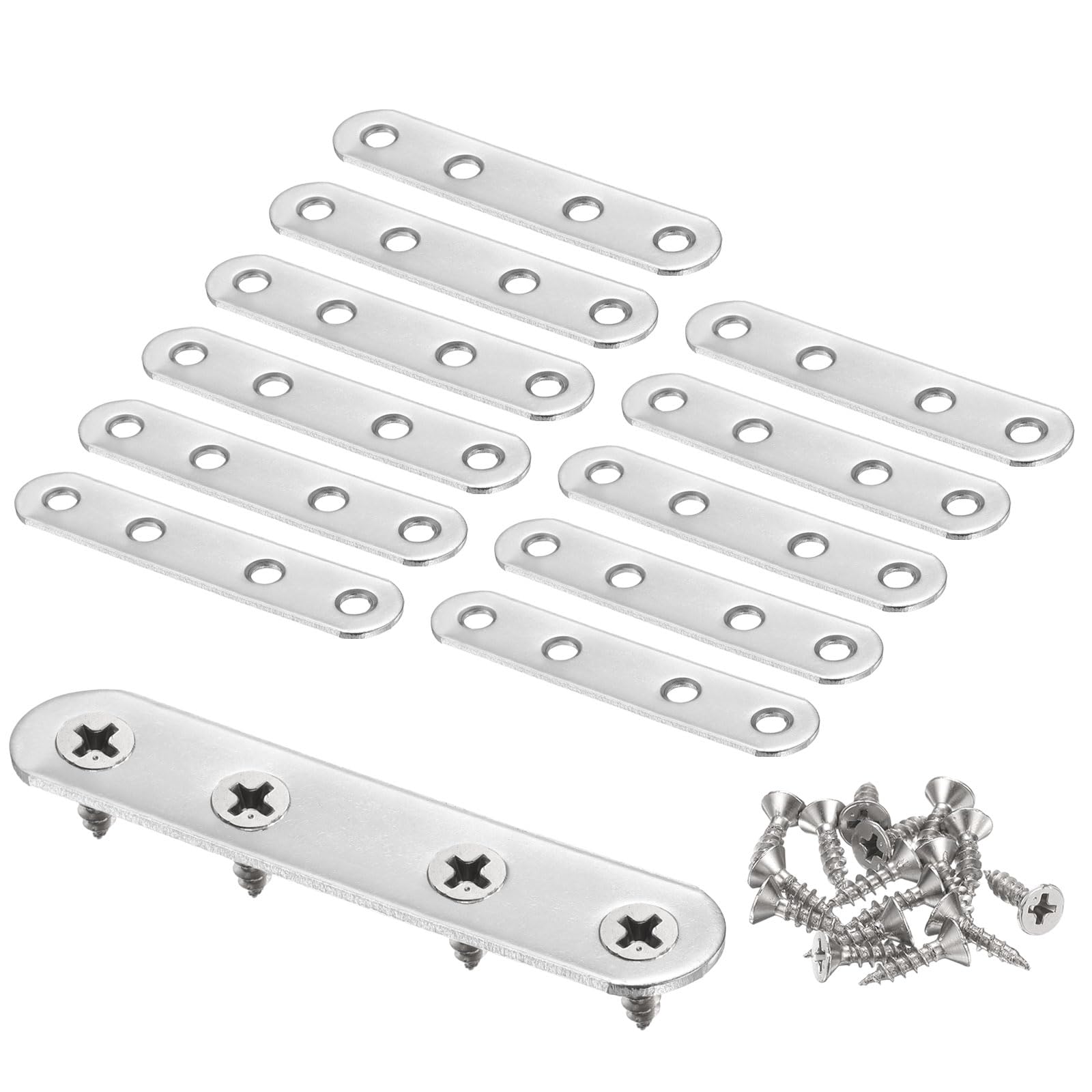 sourcing map 12pcs Straight Bracket 3" x 0.6" Stainless Steel Flat Fixing Brackets Mending Plate Corner Brace Connector with 48 Screws for Wood Board Bed Frame Furniture Shelves, Silver
