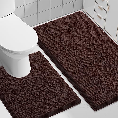 Image of Smiry Bathroom Rugs Set 2 Piece, Soft Absorbent Chenille Bath Mat and U-Shaped Toilet Rug Set, Non Slip Shaggy Bath Carpet for Tub, Shower and Floor (30x20+24x20, Brown)