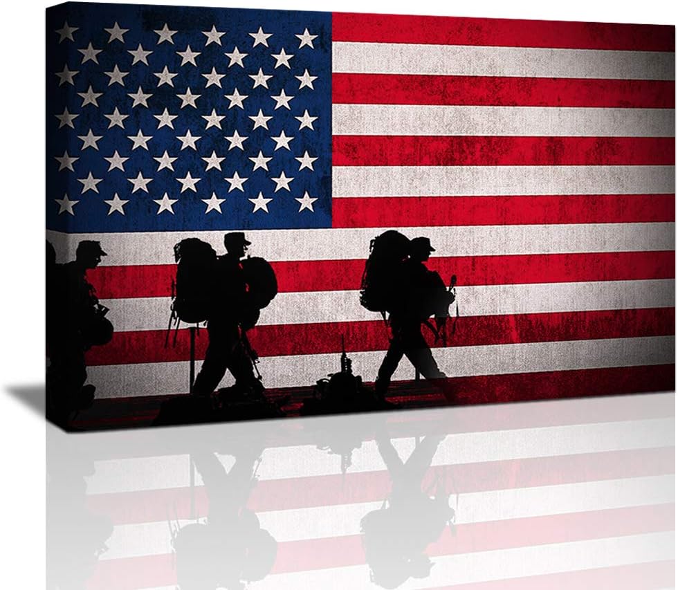 American Flag Canvas Wall Art , American Flag Wall Decor USA US Military Soldiers Army, Vintage Framed American Flag US Patriotic Art Decoration Mens Room Décor Ready to Hang