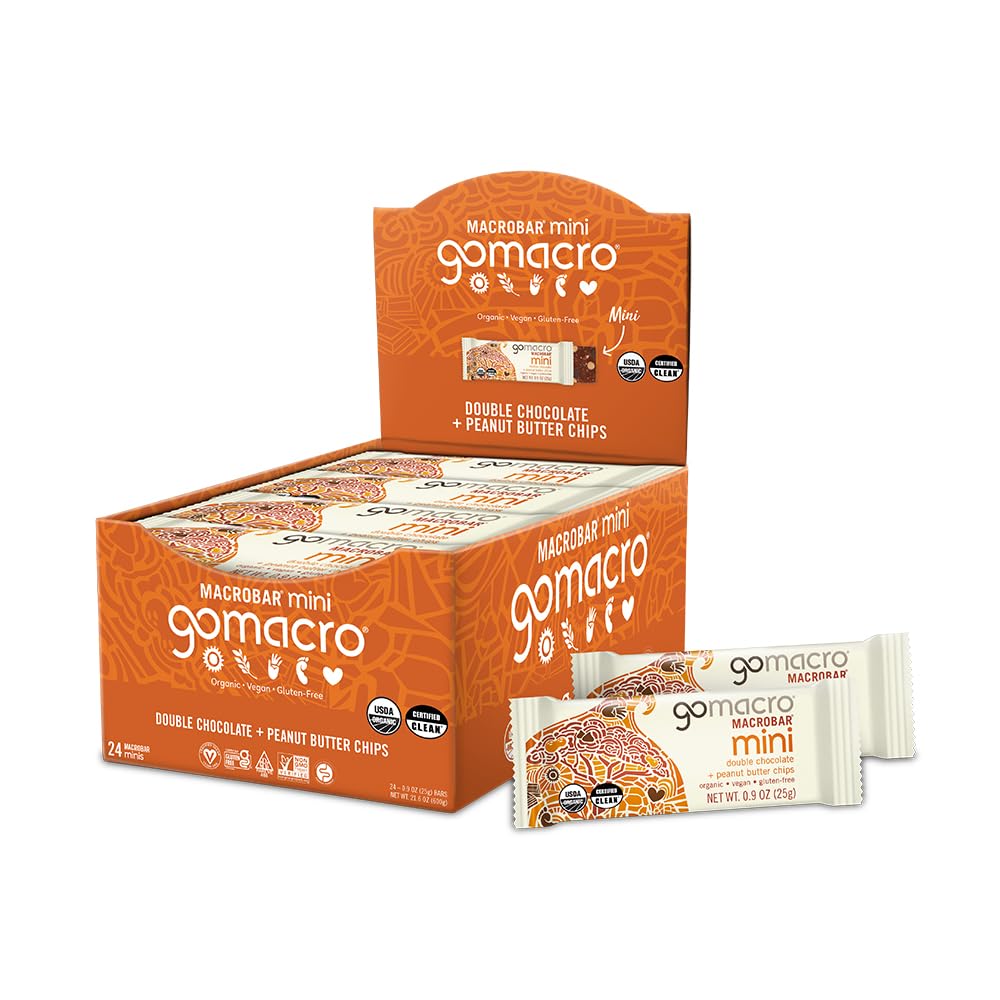 GoMacro MacroBar Mini Organic Vegan Snack Bars – Double Chocolate + Peanut Butter Chips (0.90 Ounce Bars, 24 Count) GoMacro MacroBar Mini Organic Vegan Snack Bars – Double Chocolate + Peanut Butter Chips (0.90 Ounce Bars, 24 Count)