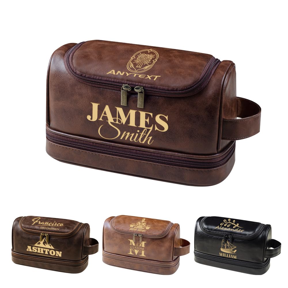 HDSD Personalized Travel PU Leather Toiletry Bag for Men Hanging Custom Groomsmen Gifts Cosmetic and Toiletries Bag (Reddish brown)