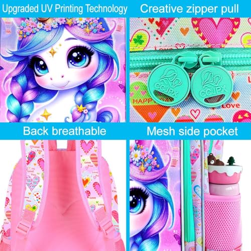 Image of CCJPX 3Pcs Unicorn Backpack for Girls, 16 inch Kids Bookbag with Lunch Box, Water Resistant Elementary School Bag for Kindergarten Preschool Toddler (Pink)