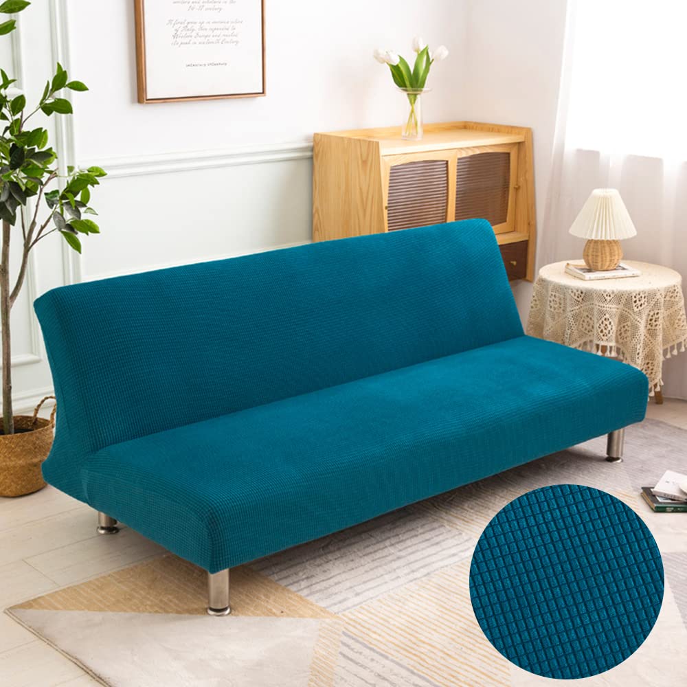 DOTBUY-SHOP Armless Sofa Bed Cover Stretch Jacquard Futon Slipcover Furniture Protector Solid Color Non-slip Universal Fitted Couch Sofa Cover for Folding Sofa Bed (Turquoise,S::120-150cm)