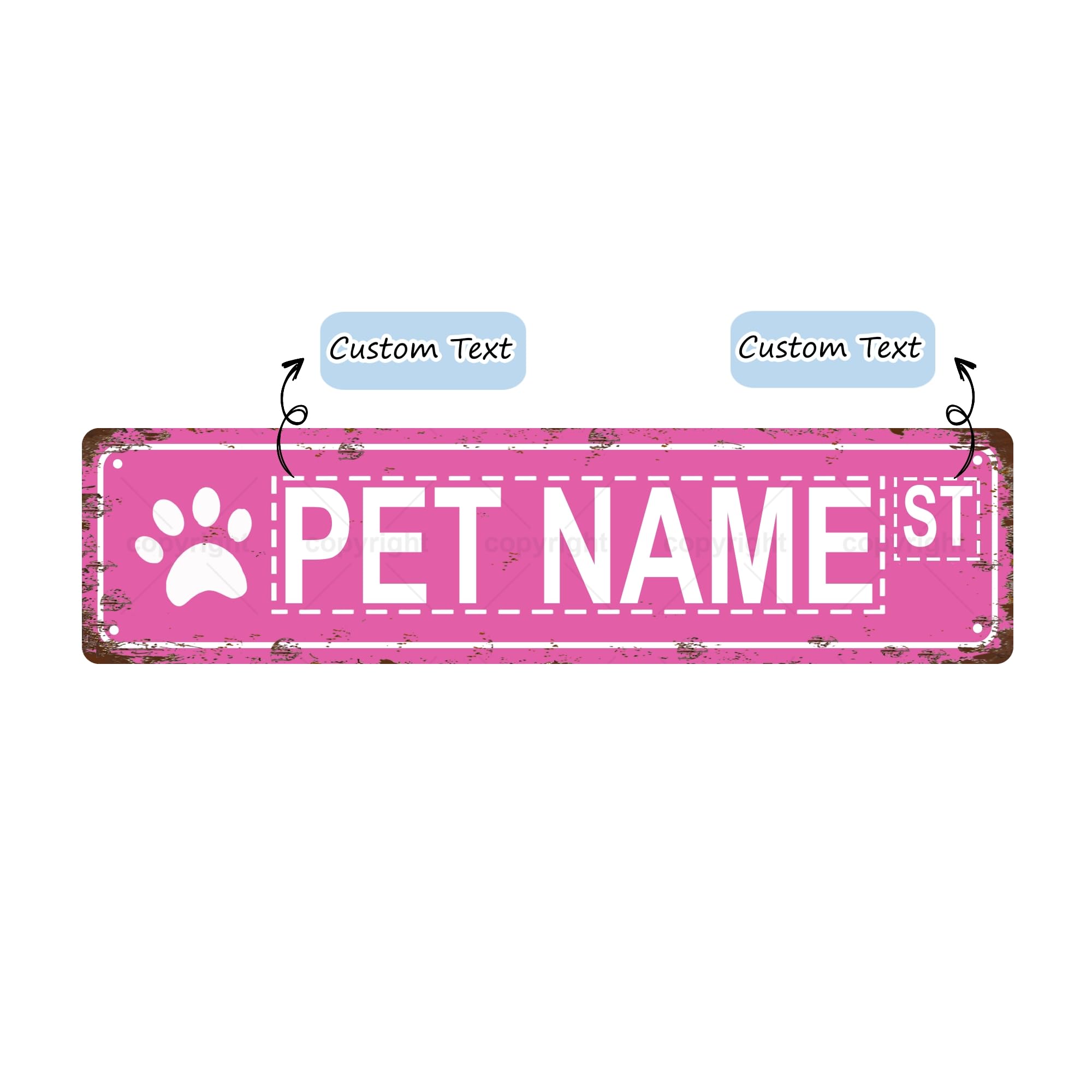 Custom Pet Name Street Sign, Personalized Dog Cat Paw Print Sign, Customized Animal Lover Vintage Metal Tin Sign 16 x 4 Inch - Pink