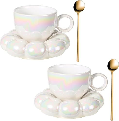 FXGOING Juego de tazas de café de cerámica con cuchara, taza creativa y bonita con posavasos de nube de girasol para oficina y hogar, 6.5 onzas para