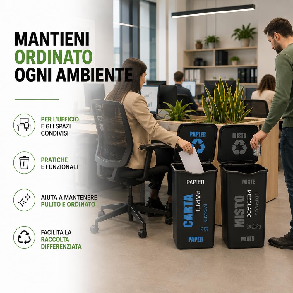BAKAJI Set 4 Pattumiere per Raccolta Differenziata, Bidoni Spazzatura da 50 Litri con Coperchio e Design Moderno a Scritte Colorato, Contenitori Immondizia da Esterno e Interno, 37.5 x 36 x 53.5 cm