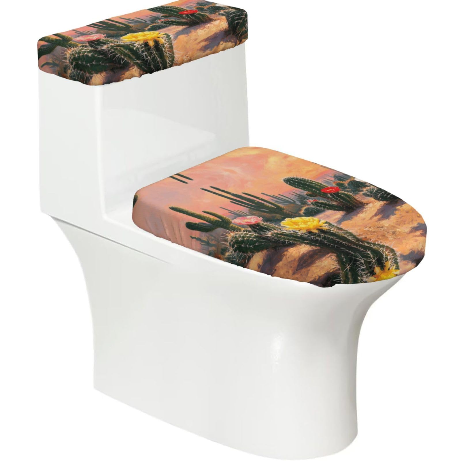 Cntdbu Black Cactus Vintage Print Elastic Toilet Cover Set Of 2-Stretchy Lid And Tank Covers For Bathroom, Soft Washable U Shape Toilet Decor