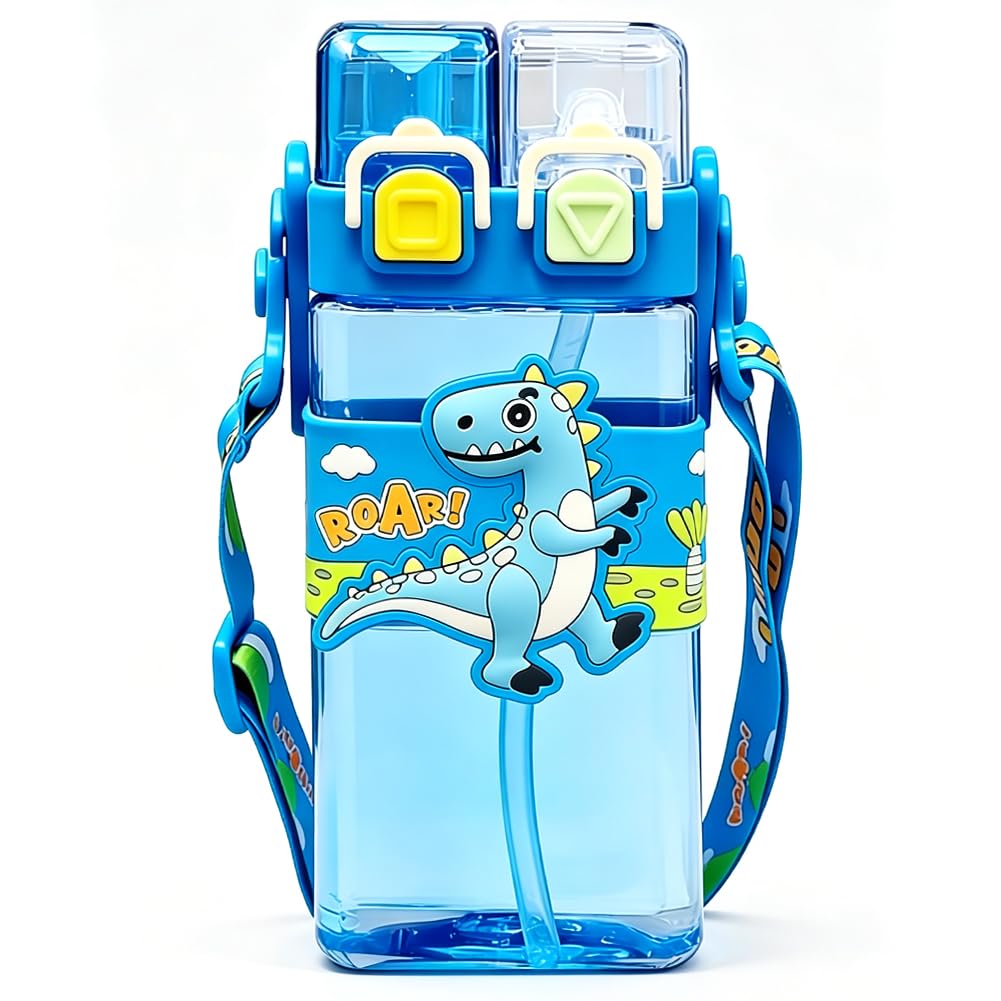 Hatfryf G Dinosaur Water Bottle With Straw, Dinosaur Drinkin Bottle Water Bottle Bottles With Straw And Adjustable Strap Double Drinkin Leakproof Sports Bottles For School - 520Ml
