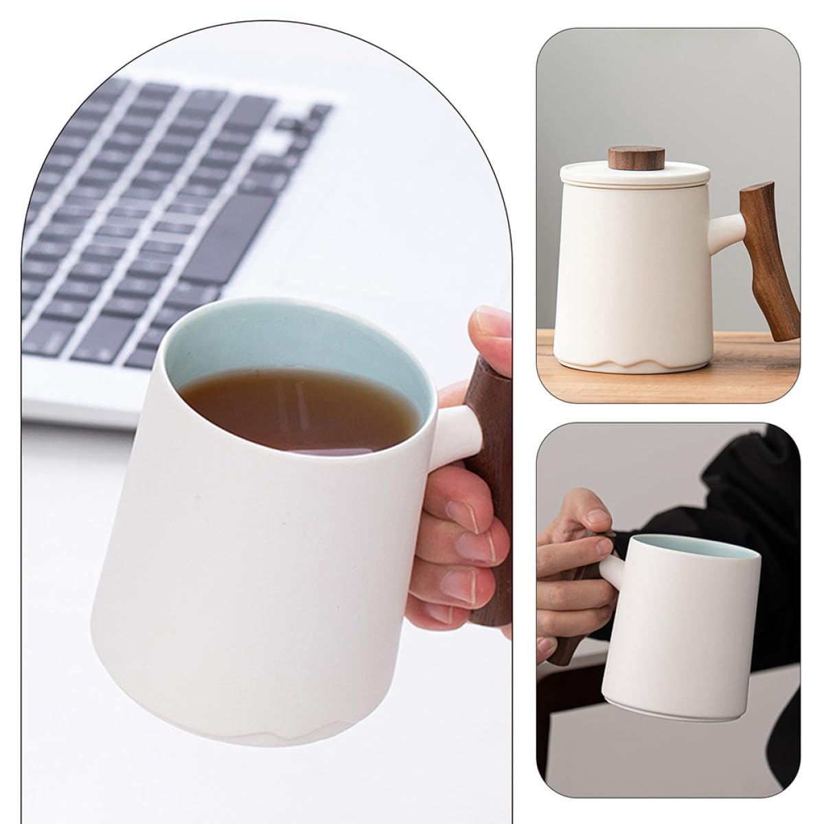 Veemoon Tasse à Thé en Céramique 360 Ml avec Filtre Intégré et Poignée en Bois Blanche Tasse à Boire pour Maison et Bureau Mug à Infusion avec Séparation Thé et Eau pour Infusion