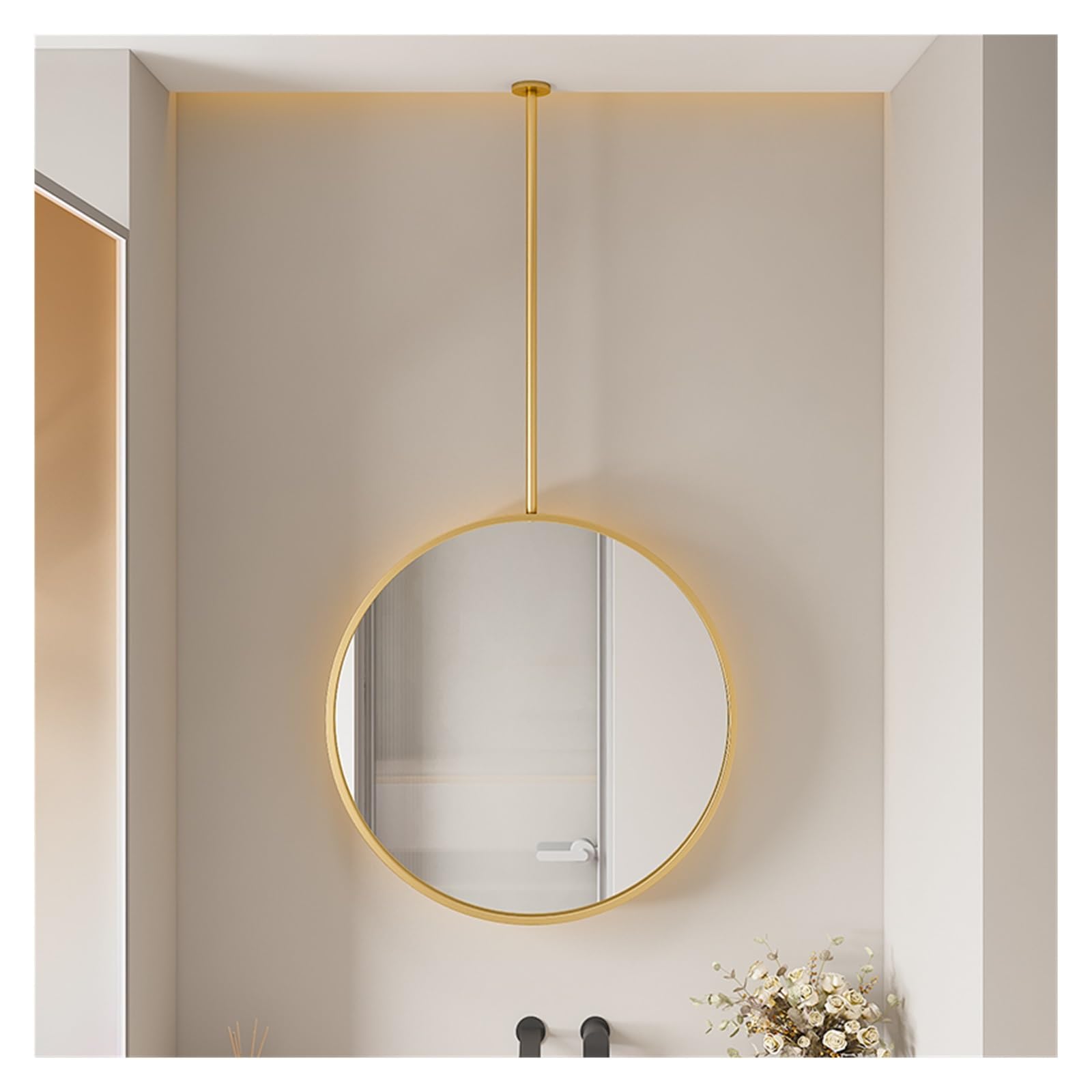 BKSXSOP Gold Oval Backlit Ceiling Suspended Mirror - Illuminated Wall-Mounted Design with Touch Button Customizable Hanging Rod (70cm) Perfect for Modern Bathrooms