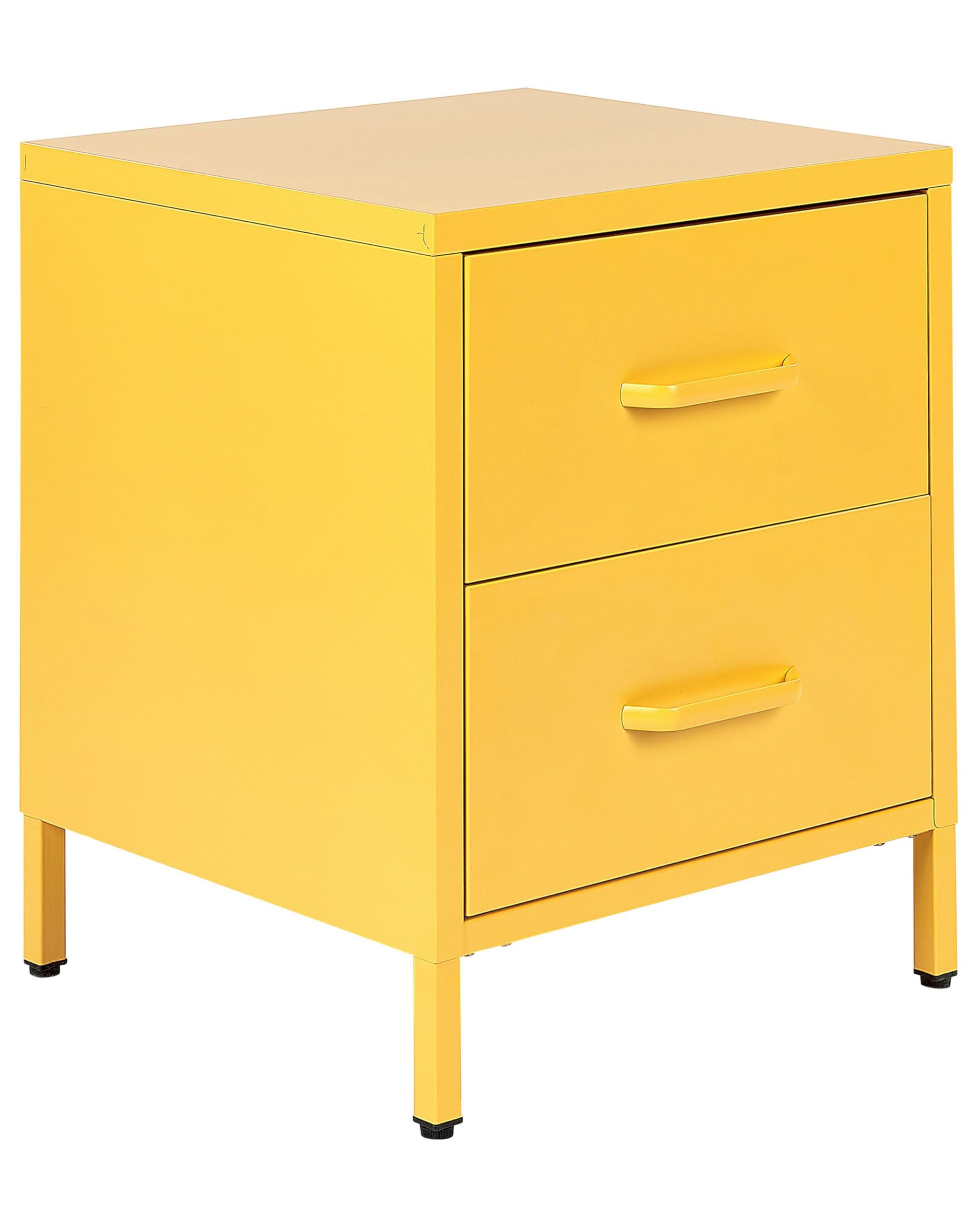 Beliani Malavi Yellow Metal Nightstand in a bedroom setting