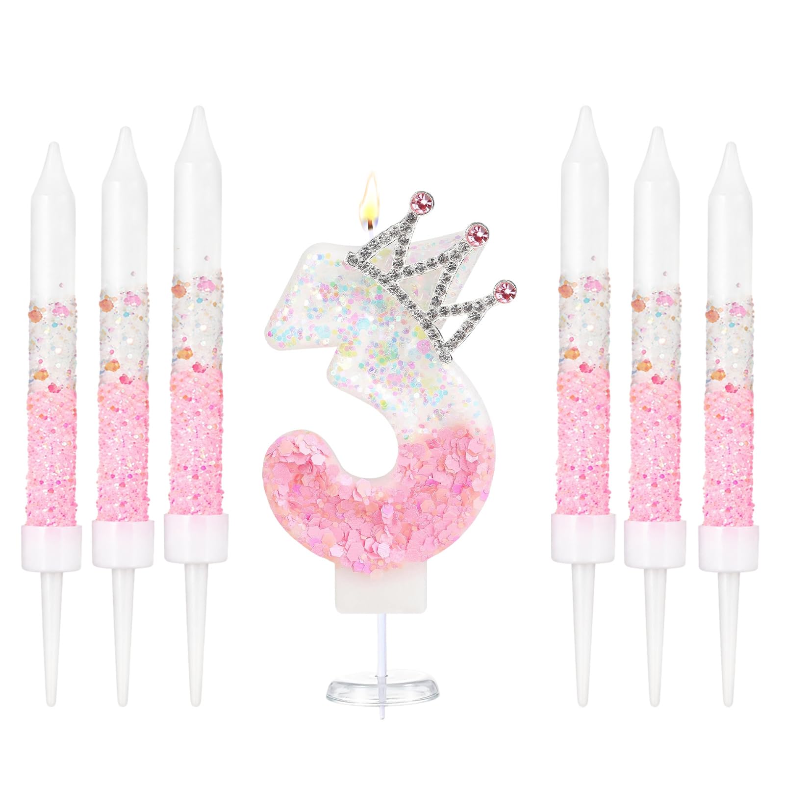 Crown Number Birthday Candles, Glitter Pink White Birthday Candle with 6 Pcs Long Candles, Stylish Princess Themed Cake Topper for Girls Birthday Party Supplies (3 Candle)