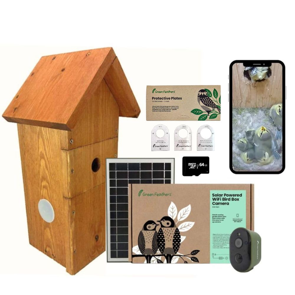 Green FeathersBattery Powered Solar Bird Box Camera With Wi-Fi Connection, Outdoors Wildlife Camera for Bird Boxes - Complete Kit