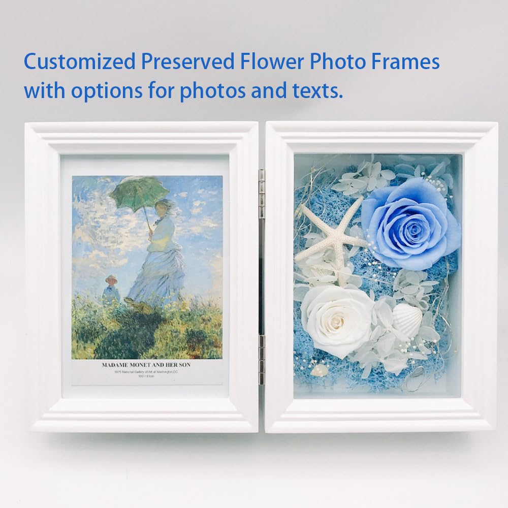 Marcos de fotos de flores preservadas personalizados, marcos de fotos de madera con rosas para fotos de boda impresas personalizadas, para un regalo creativo del día de San Valentín y cumpleaños para