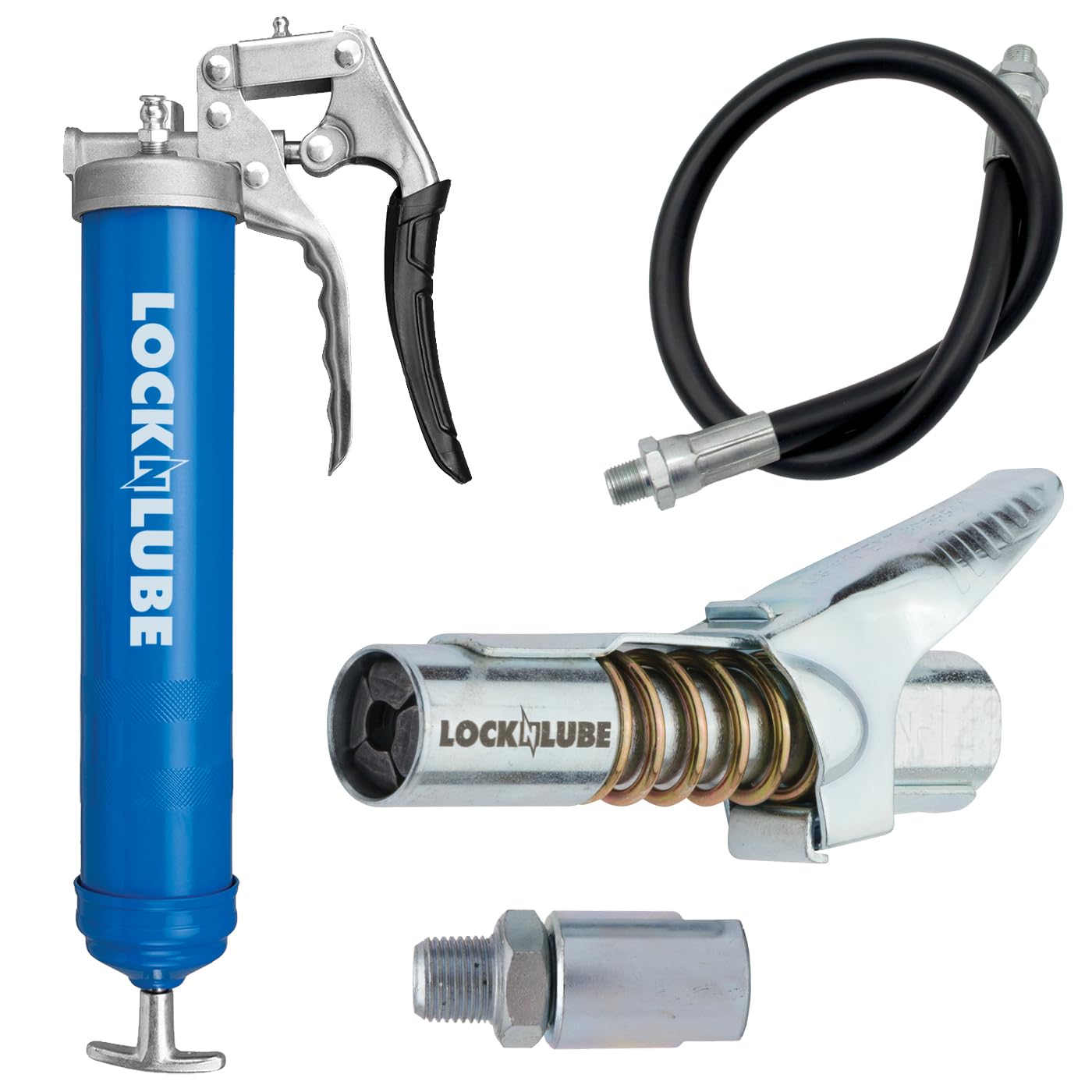 LockNLube Pistola per grasso con impugnatura a pistola resistente (blu). Include il nostro accoppiatore brevettato LockNLube® (blocca su, rimane acceso, non fuoriesce!) più un tubo flessibile di alta